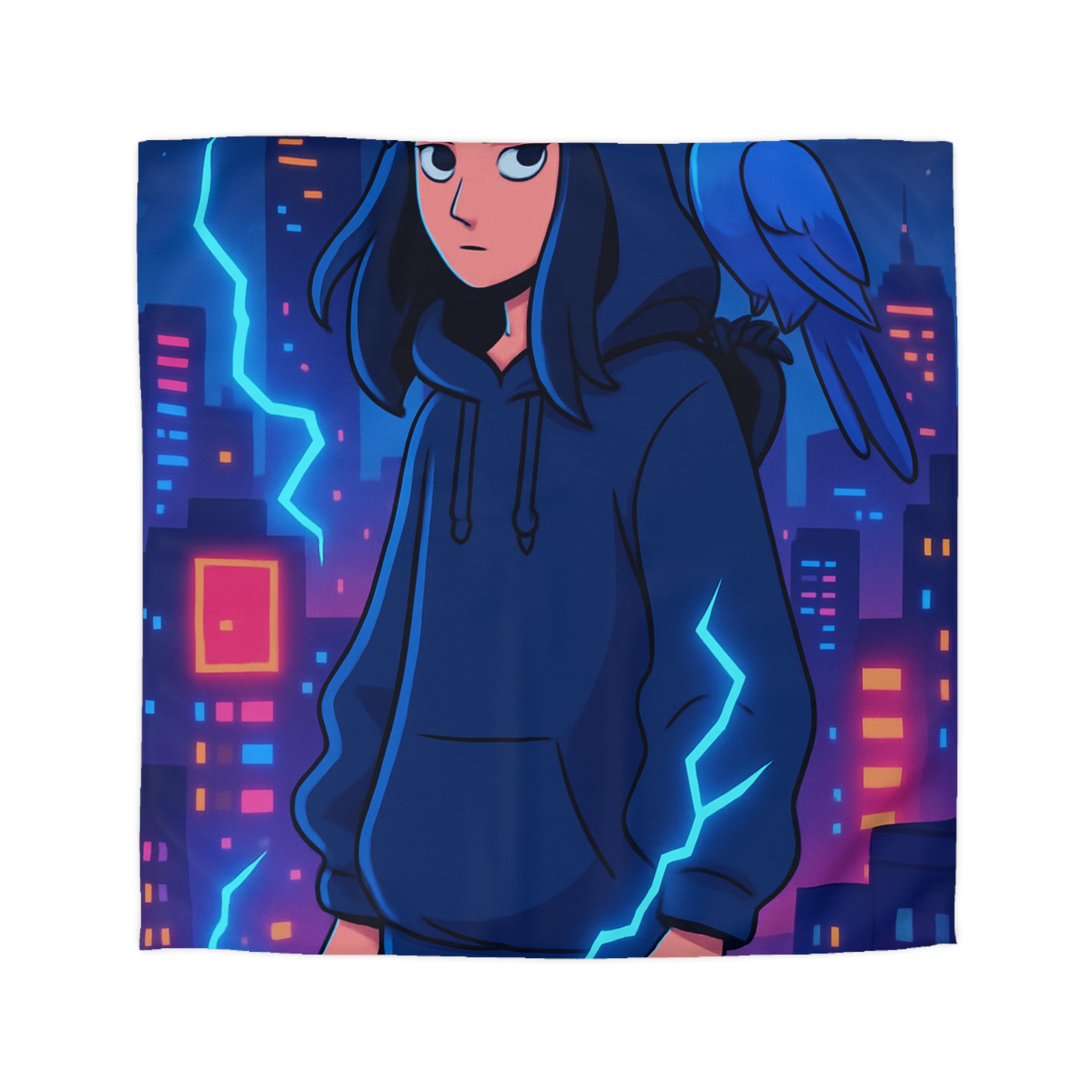 Tendance housse de couette bleu foncé avec motif urbain et perroquet électrique