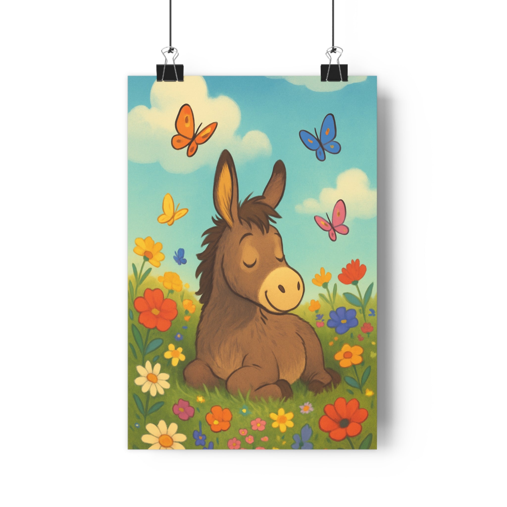 Poster décoratif âne champ fleurs pastel joyeux enfant nature bleu ciel 30x46 cm qualité