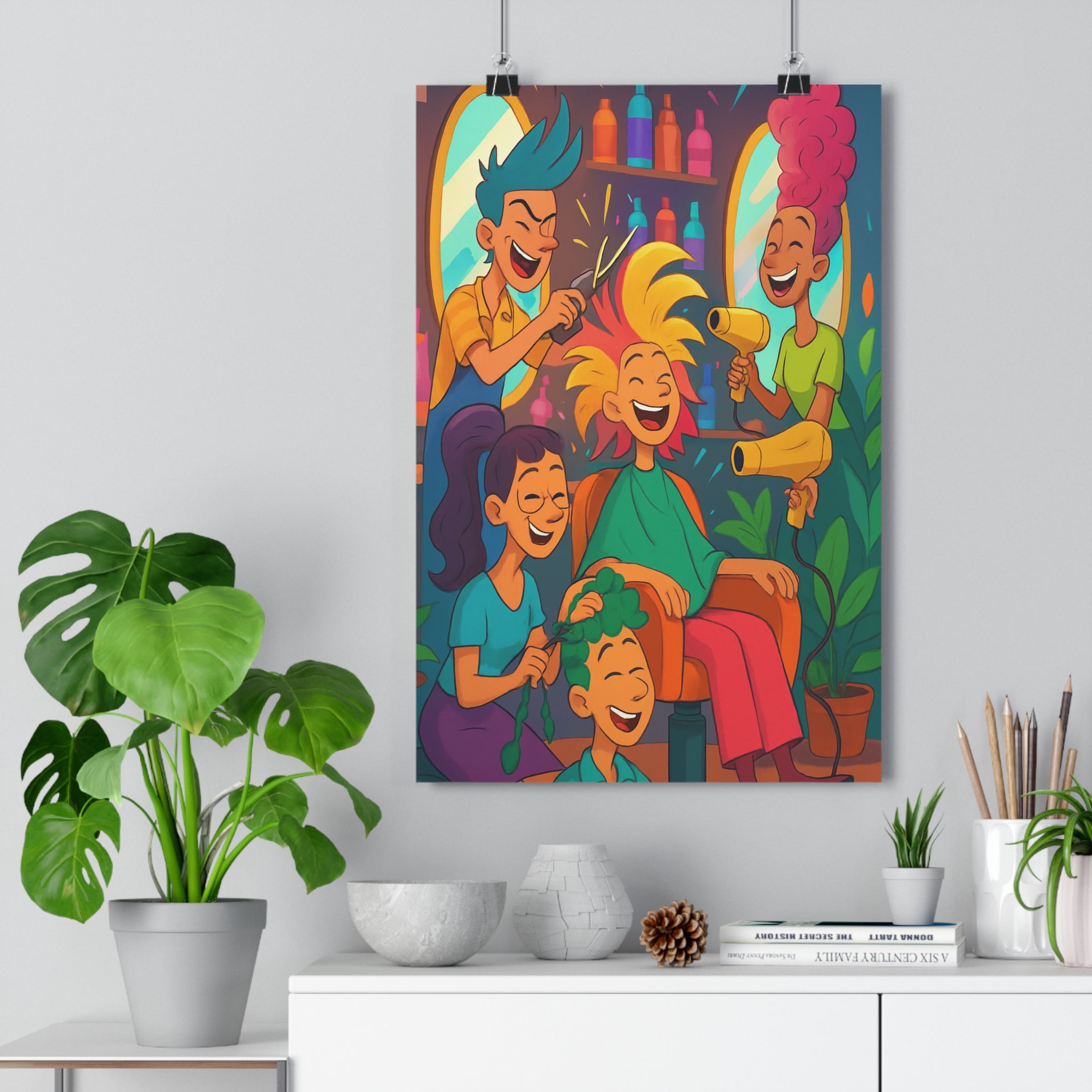 Poster décoratif dessin animé salon coiffure bleu rose jaune vert vibrant joyeux moderne ambiance
