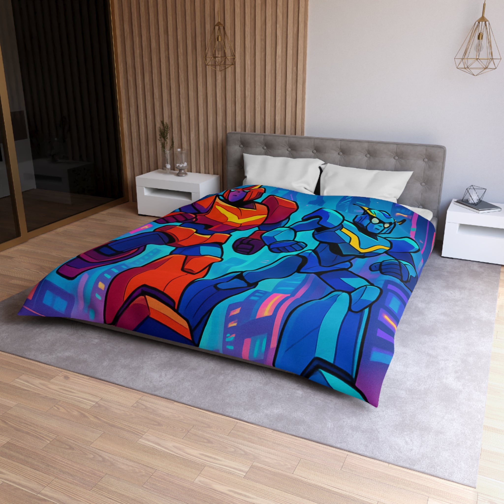 Housse de couette robot futuriste colorée, style rétro avec ambiance urbaine dynamique