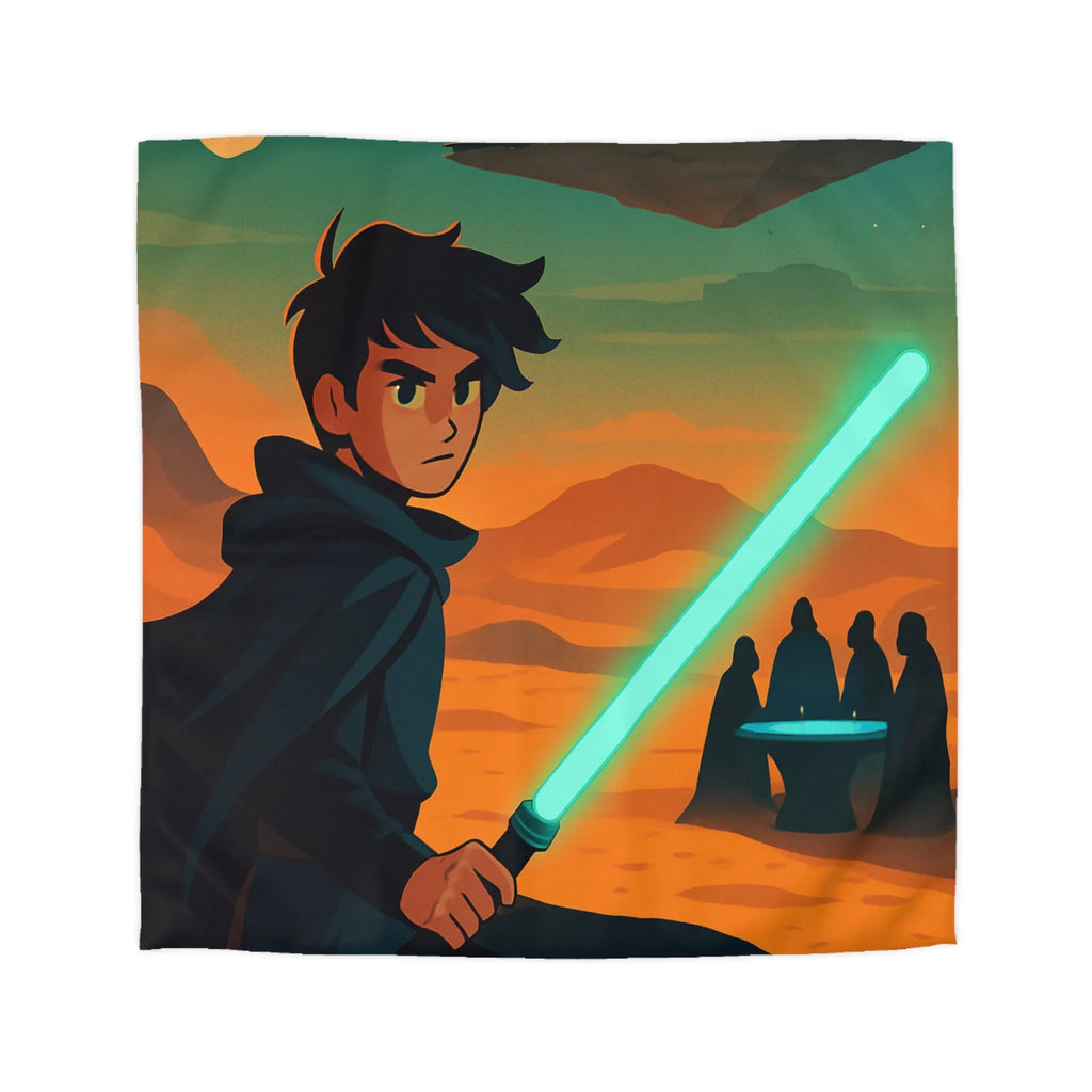 Épique scène de science-fiction avec héros sabre lumineux et vaisseau spatial en arrière-plan