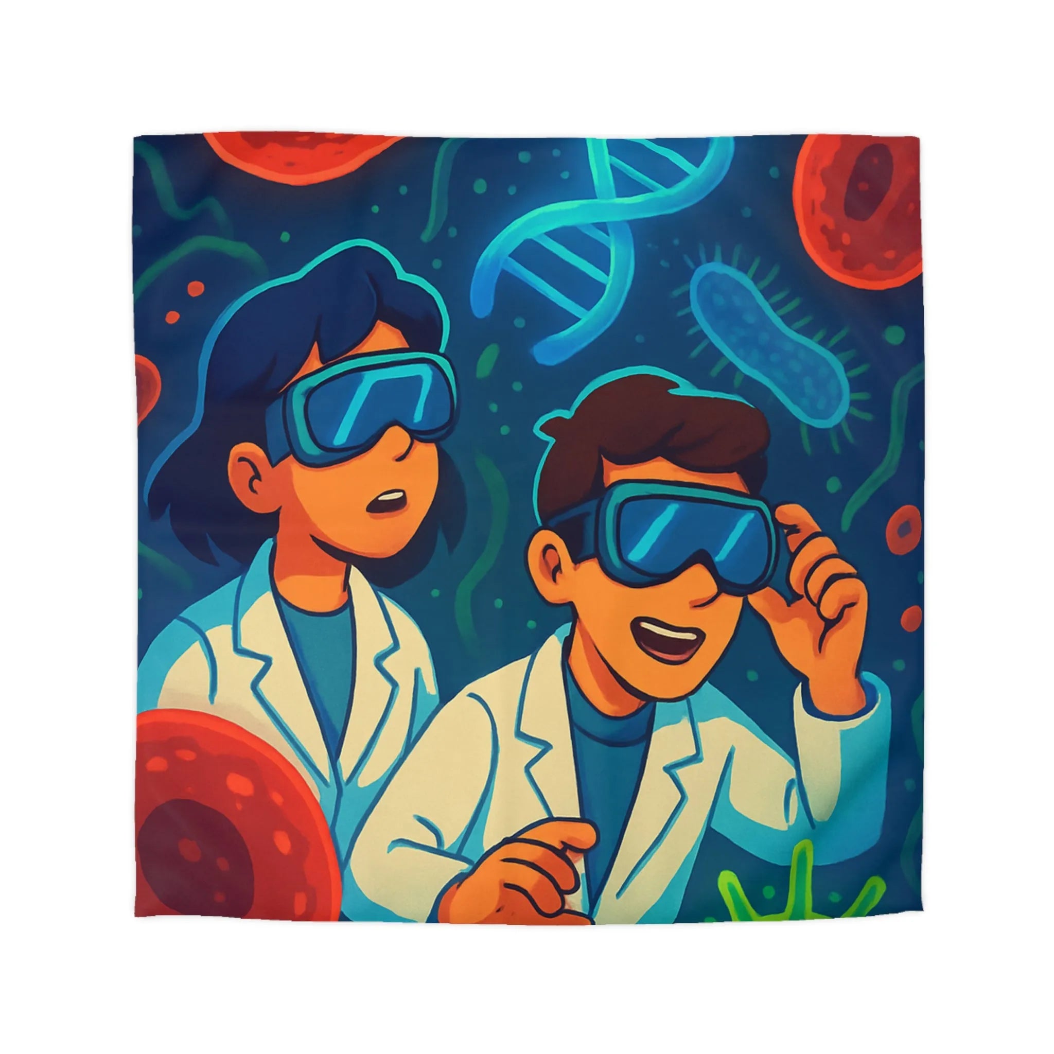 Drap housse scientifique ludique avec chercheurs et microbes éclatants en couleurs vibrantes et vives
