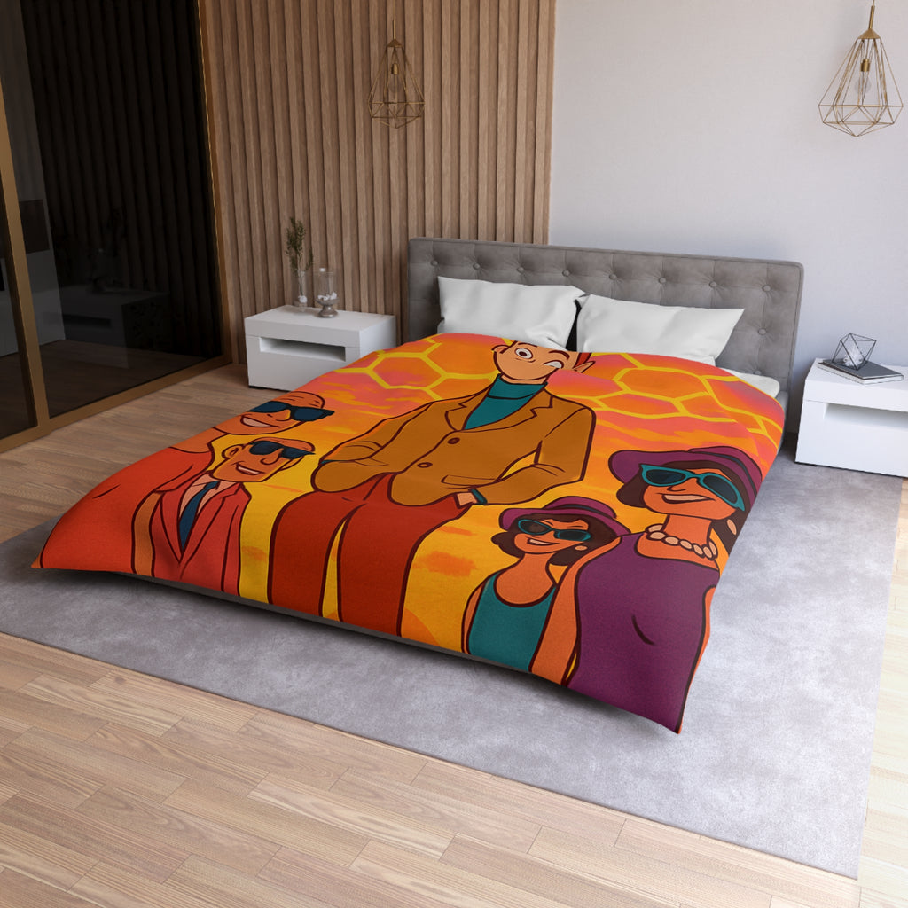 Motifs colorés hexagonaux vibrant avec personnages stylisés dans un paysage ensoleillé unique