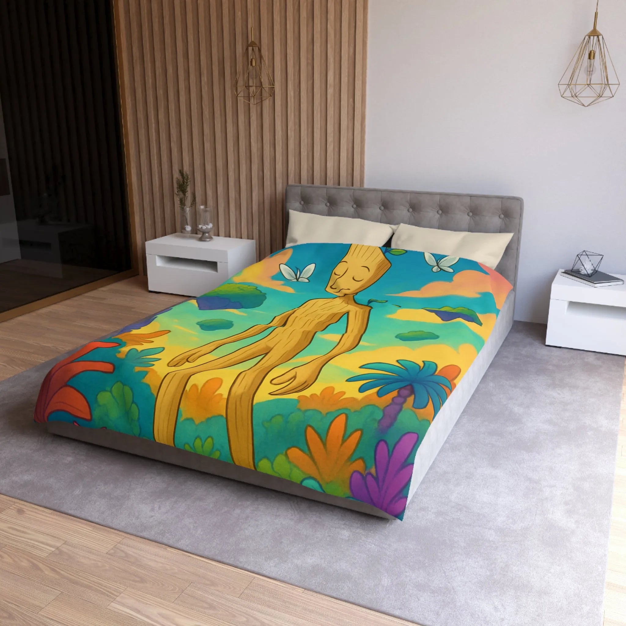 Housse de couette enchanteresse avec paysage coloré, créature en bois et papillons