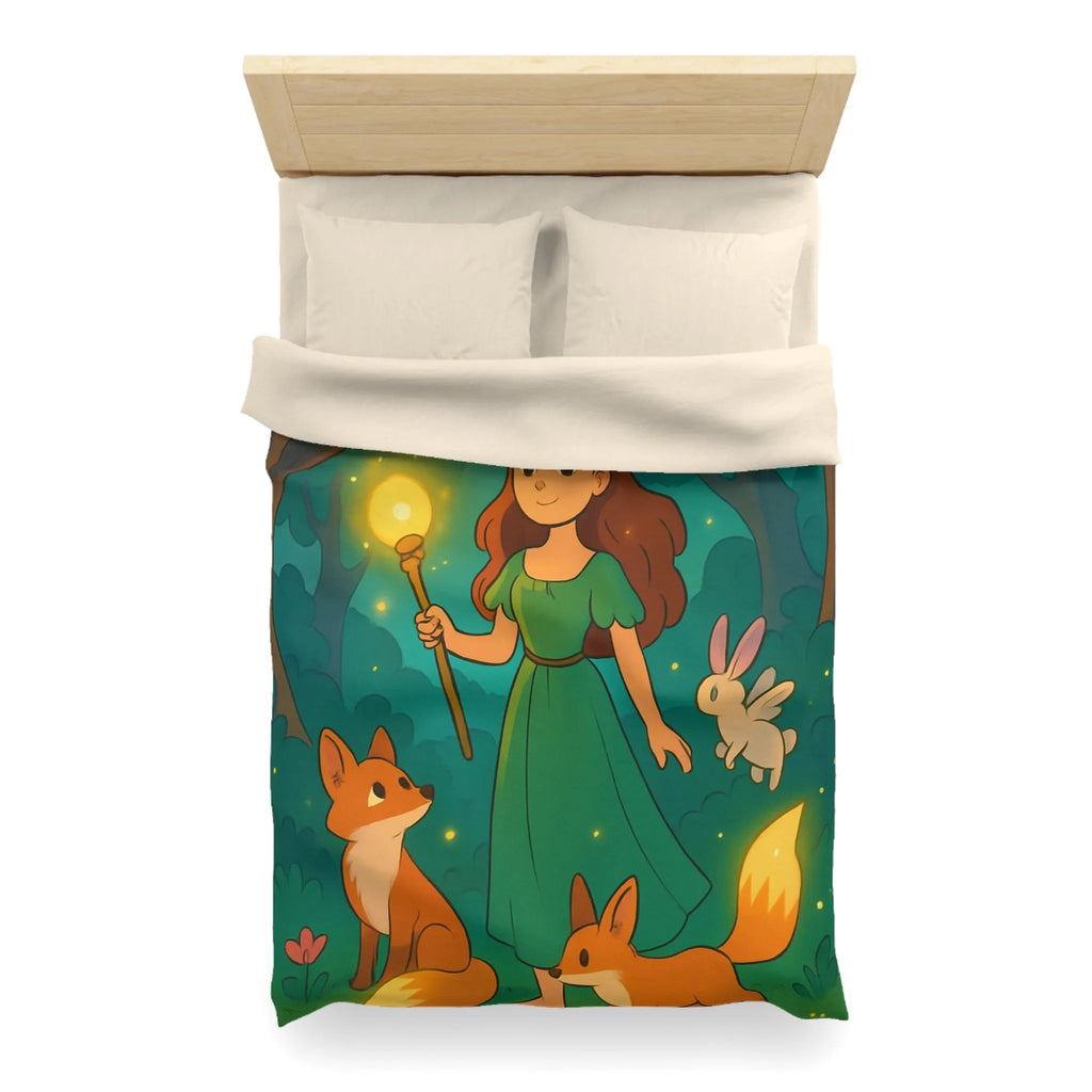 Housse de couette féerique avec fille et animaux en forêt enchantée, lumineuse et magique