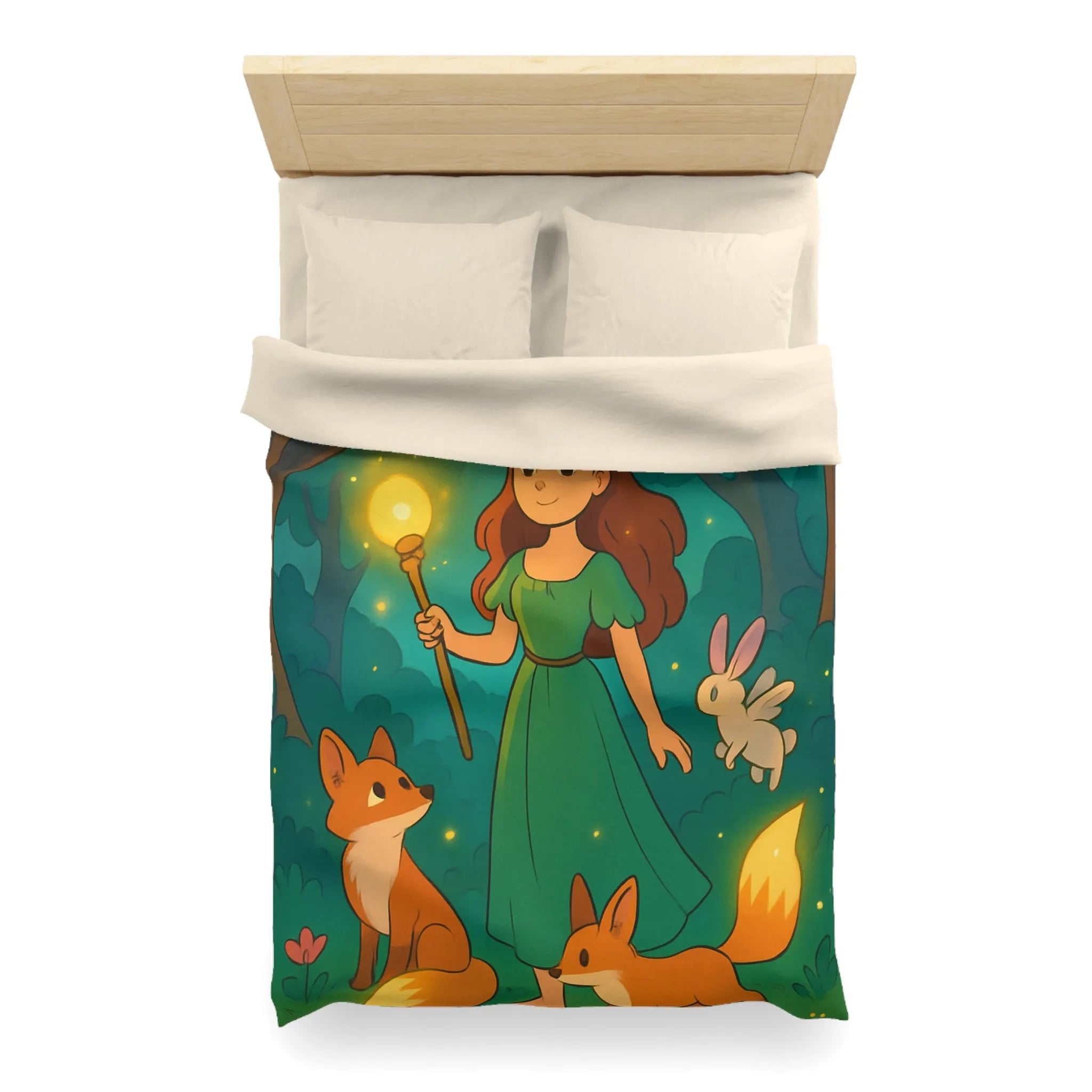 Housse de couette féerique avec fille et animaux en forêt enchantée, lumineuse et magique