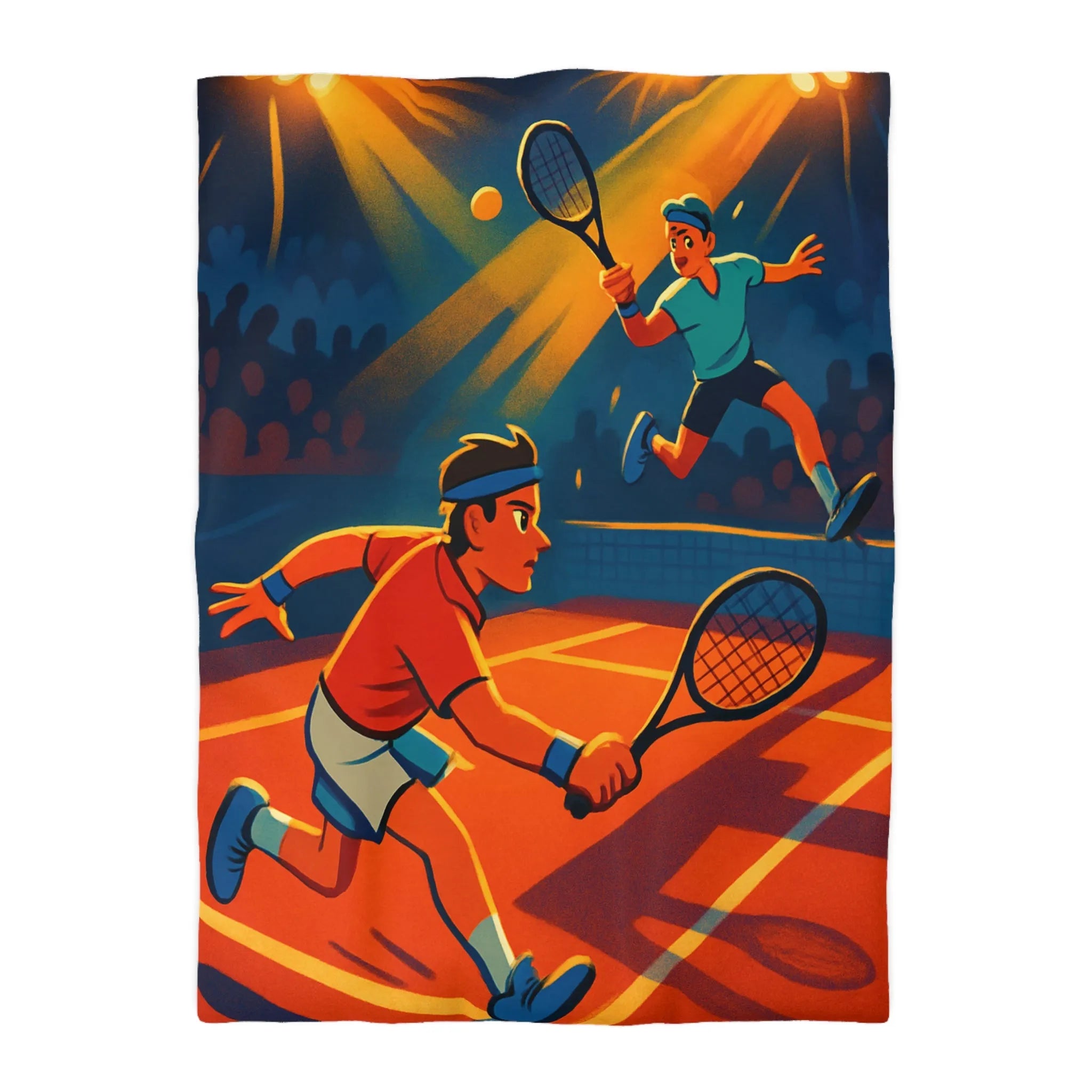 Housse de couette dynamique illustrant un match de tennis intense sous projecteurs éclatants
