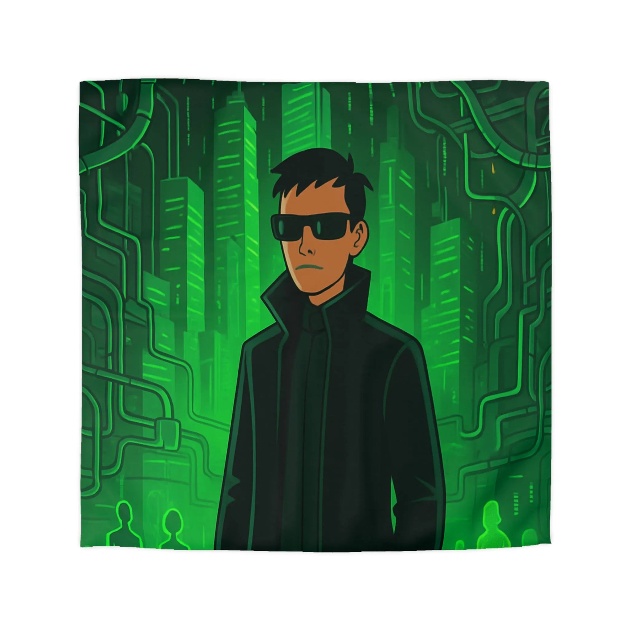 Housse de couette design futuriste vert avec motif personnage et ville numérique