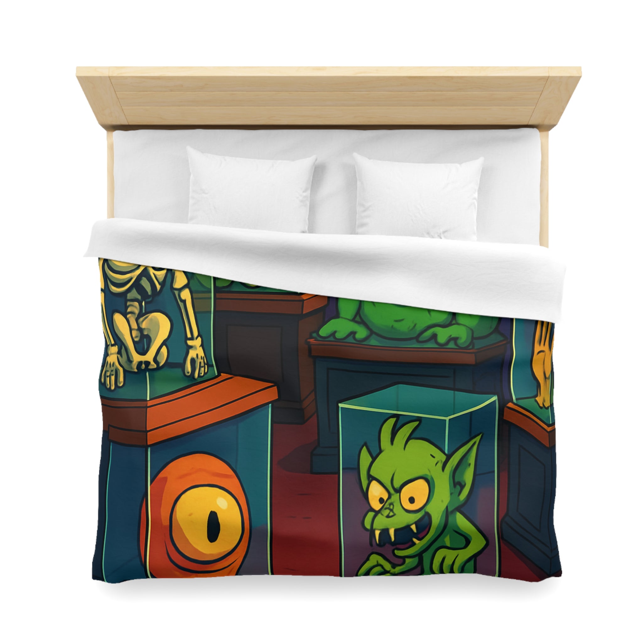 Housse de couette pour enfant avec monstres comiques dans un musée fantaisiste et coloré