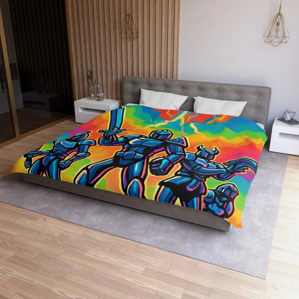 Housse de Couette Chevaliers Futuristes avec Épées et Fond Arc-En-Ciel Électrisant