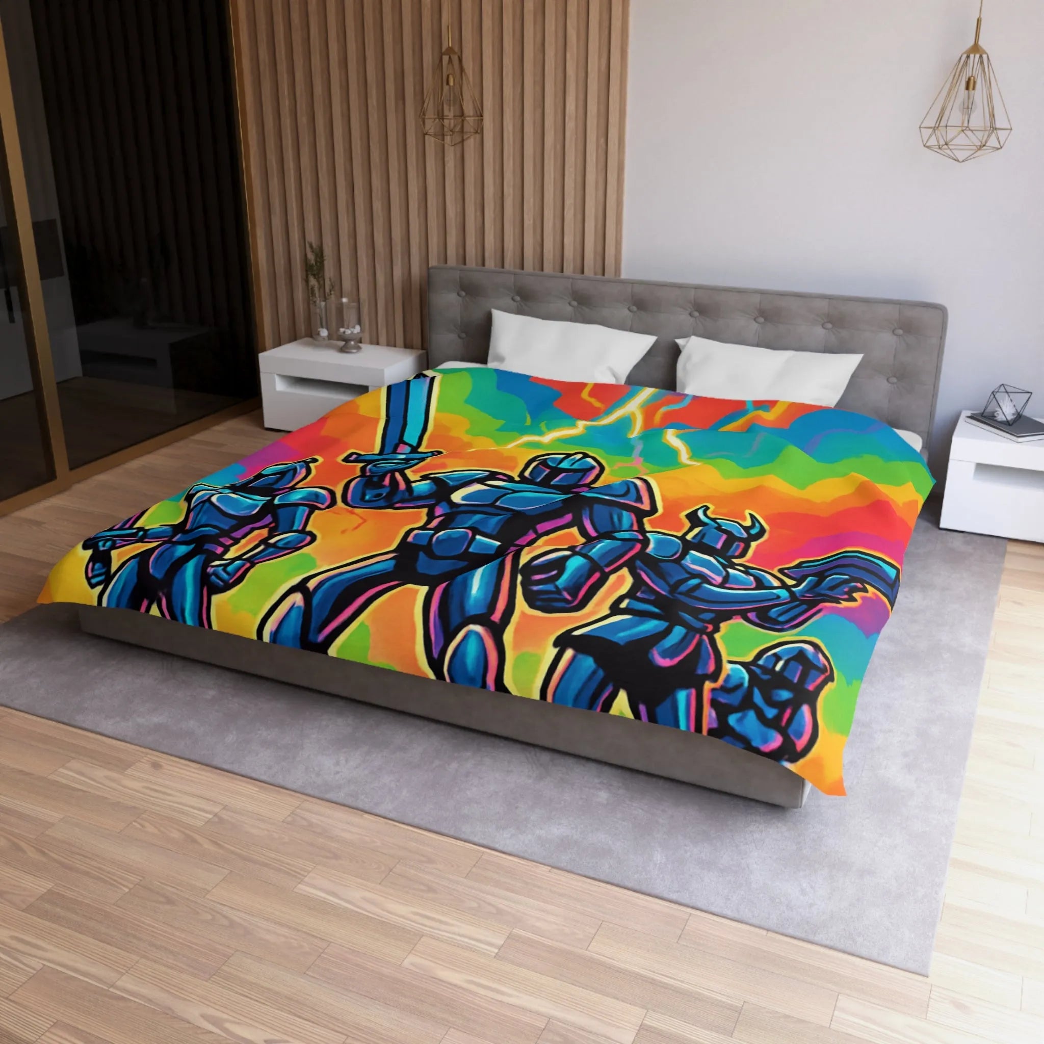 Housse de Couette Chevaliers Futuristes avec Épées et Fond Arc-En-Ciel Électrisant