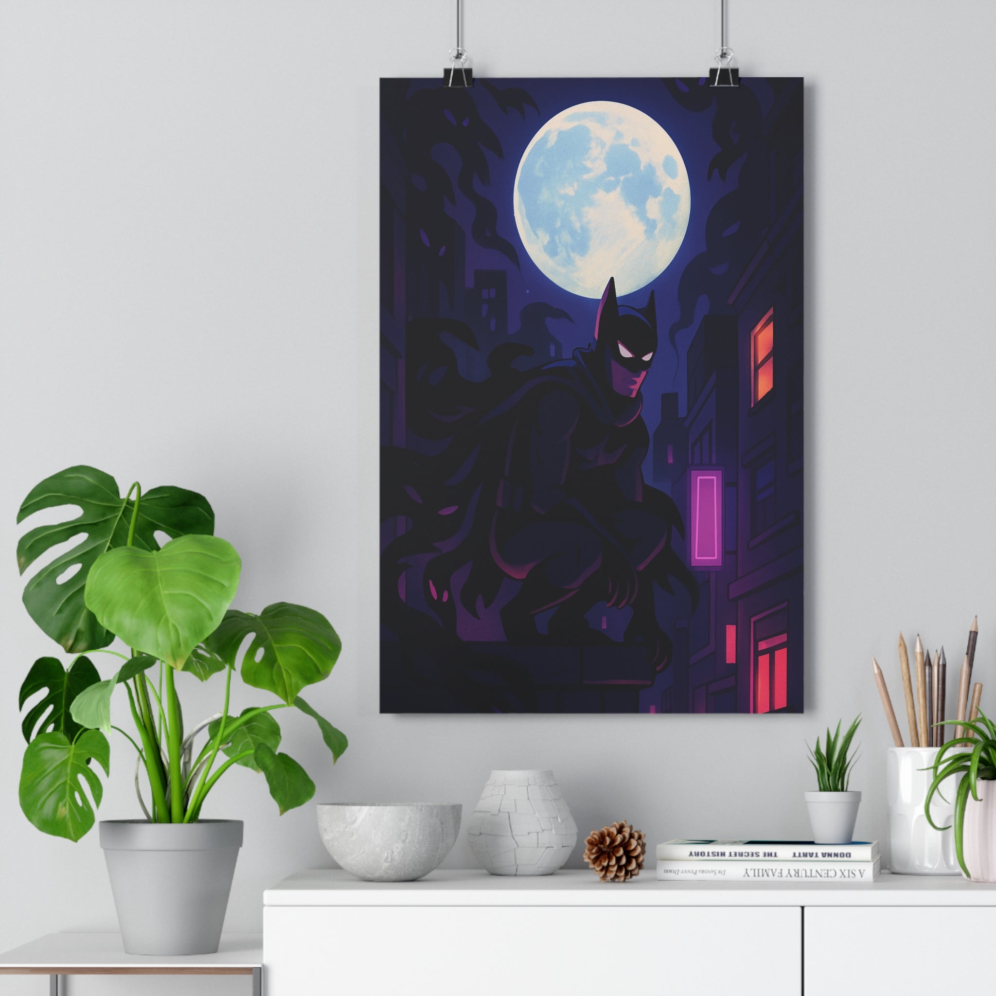 Poster décoratif héros mystérieux bleu violet cartoon urbain sombre chambre moderne ambiance nocturne décoration