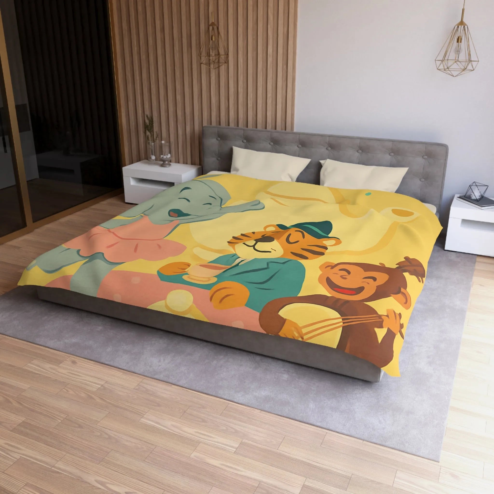 Housse de couette enfantine colorée avec éléphant, tigre et singe en fête joyeuse