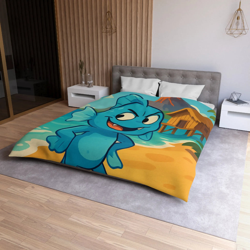 Housse de couette île tropicale avec poisson bleu et volcan en arrière-plan