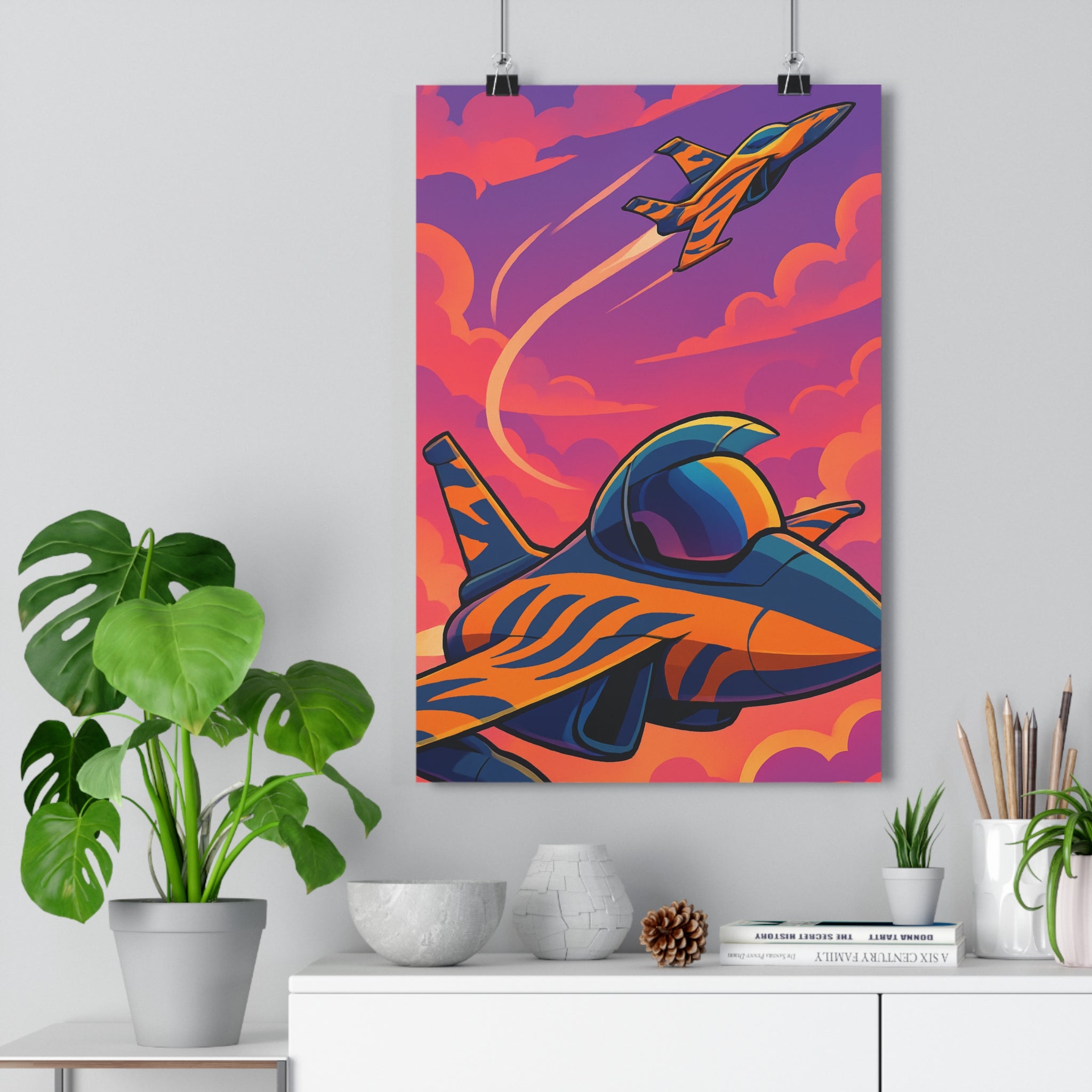 Poster décoratif anime avion chasse rose violet dynamique chambre adolescent moderne 30x46 vibrant qualité