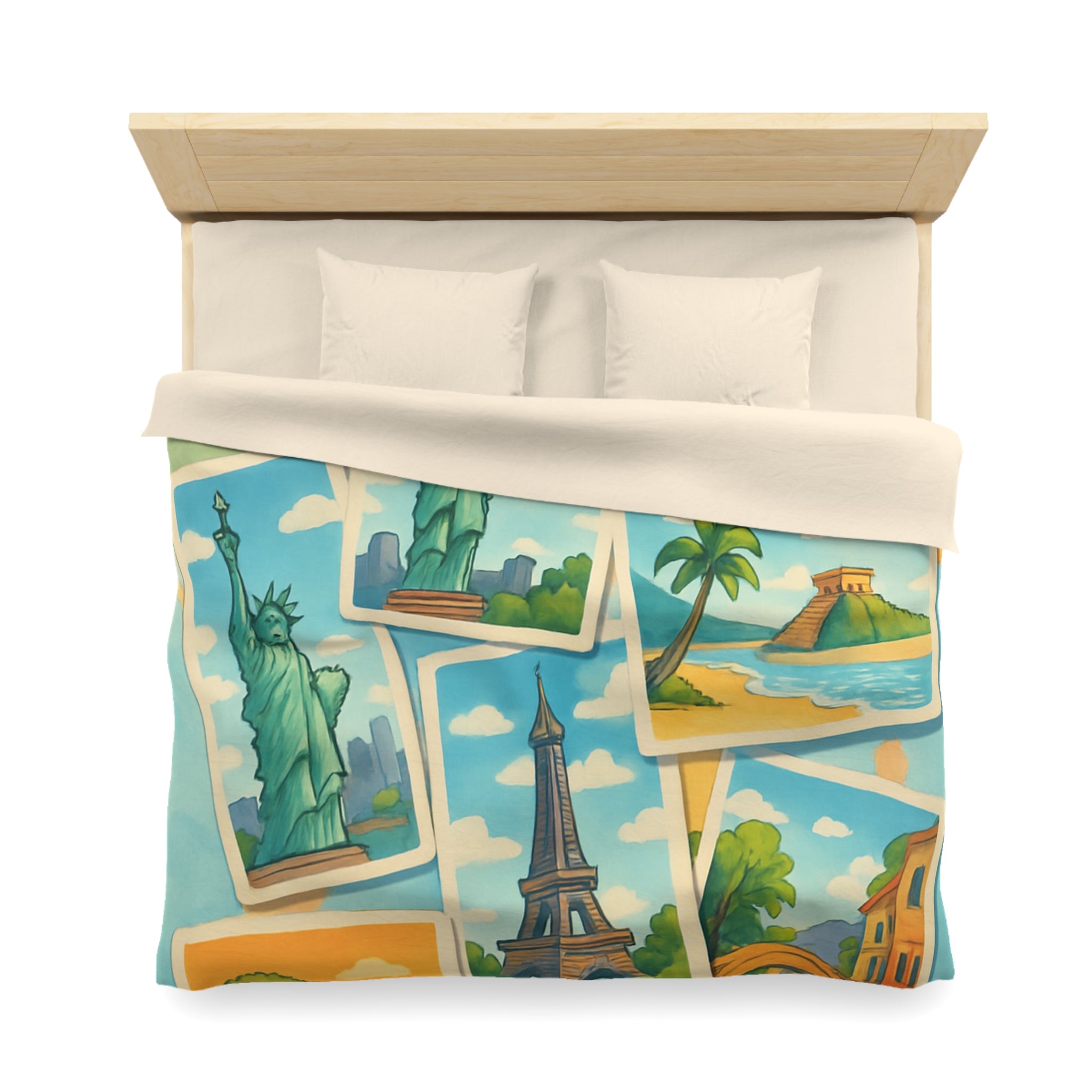 Voyage Mondial Coloré: Housse de Couette avec Monuments et Paysages Iconiques des Continents