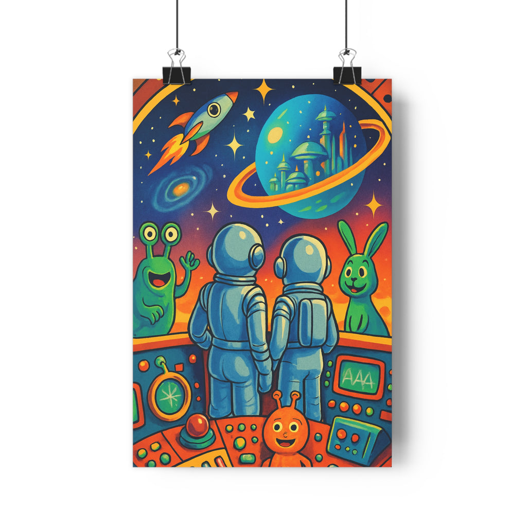 Poster décoratif rétro sciencefiction bleu orange vert fantaisie joyeux salon bureau enfant amusant vintage