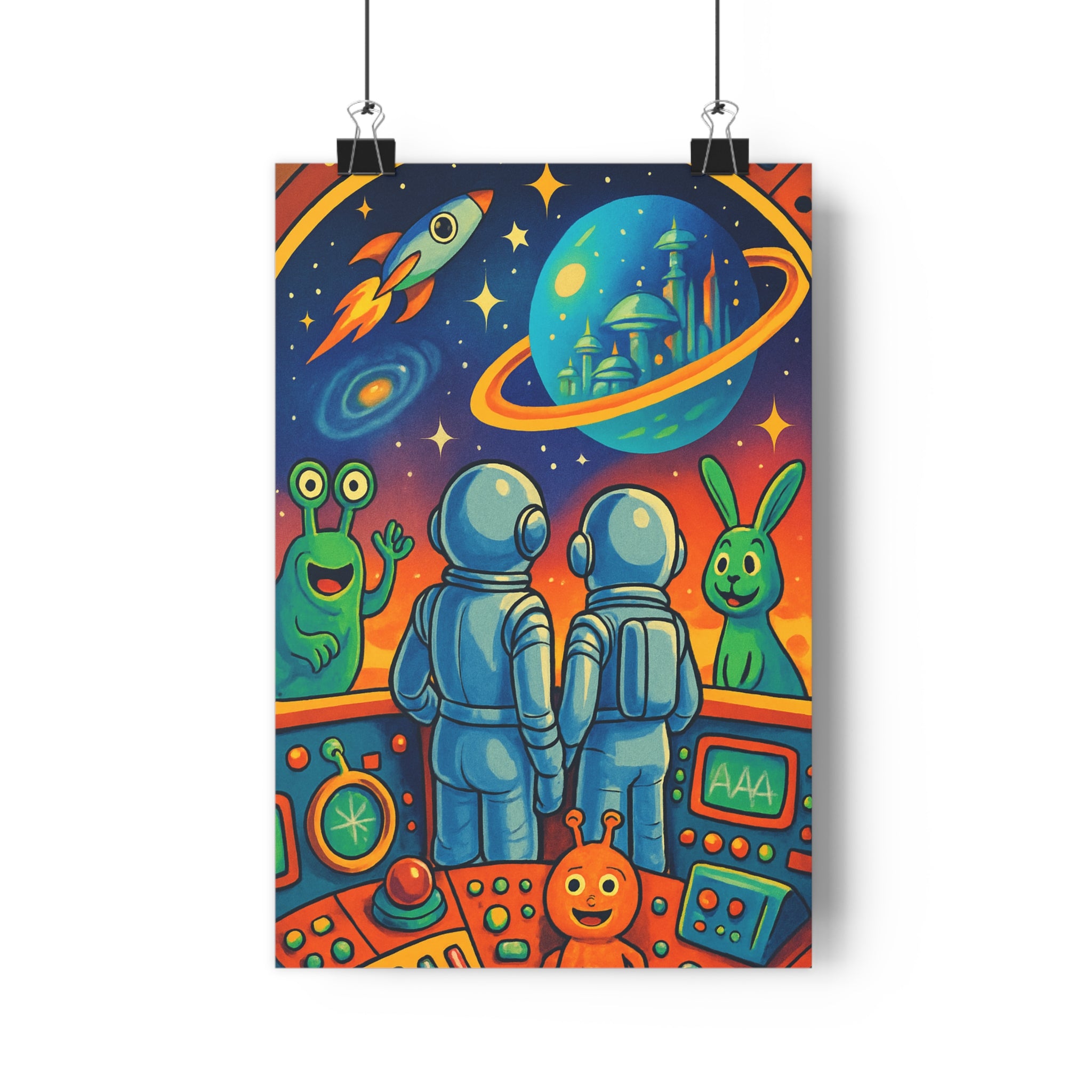 Poster décoratif rétro sciencefiction bleu orange vert fantaisie joyeux salon bureau enfant amusant vintage