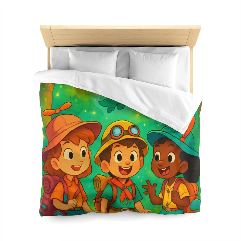 Housse de couette enfants aventure forêt avec dragons et jeunes explorateurs joyeux