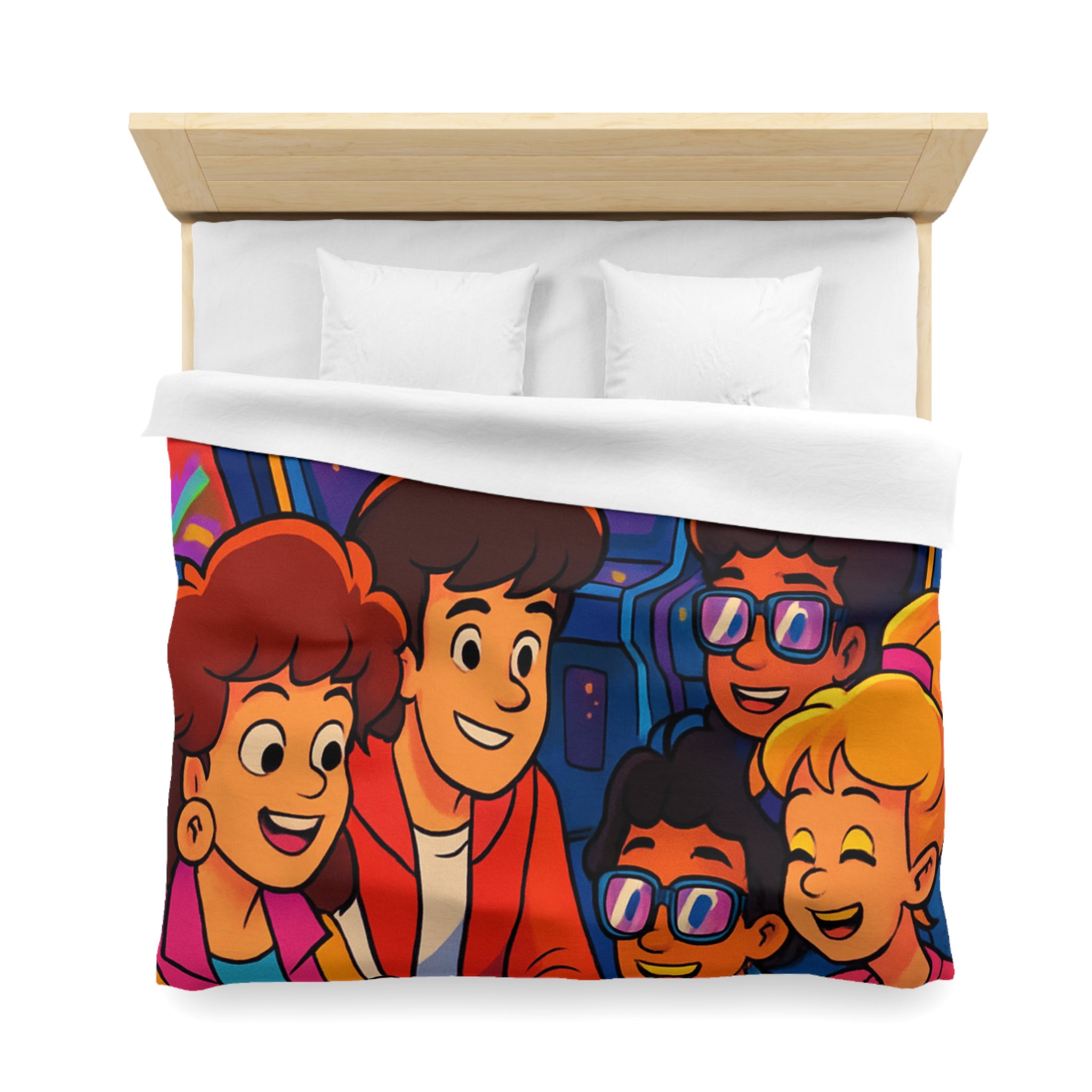 Housse de couette vibrante années 80 avec motifs arcades et ambiance rétro lumineuse