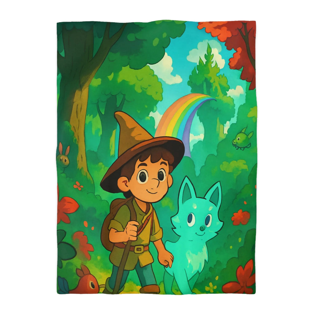 Housse de Couette Enfant avec Petit Sorcier et Animal Magique sous Arc-en-ciel