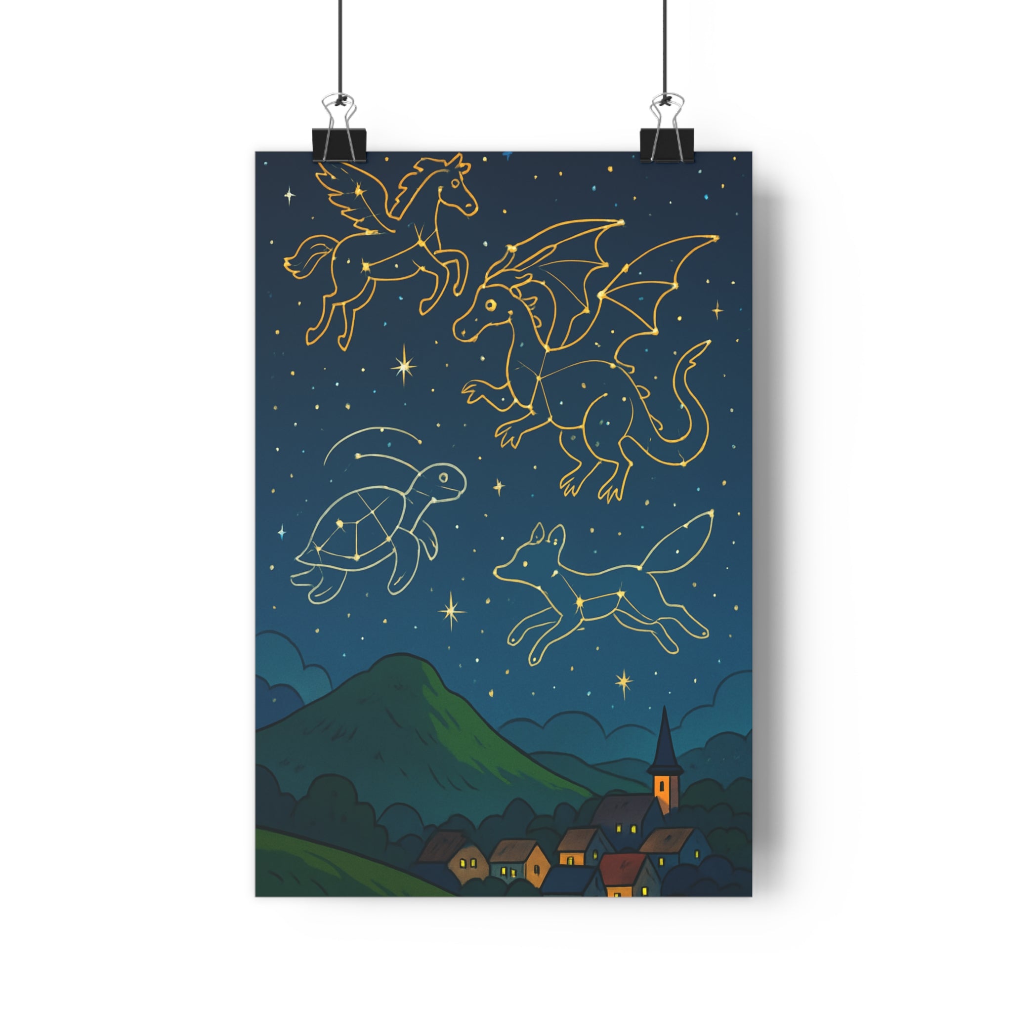 Poster décoratif céleste étoiles créatures fantastiques doré cartoon poétique apaisant chambre enfant artistique élégant