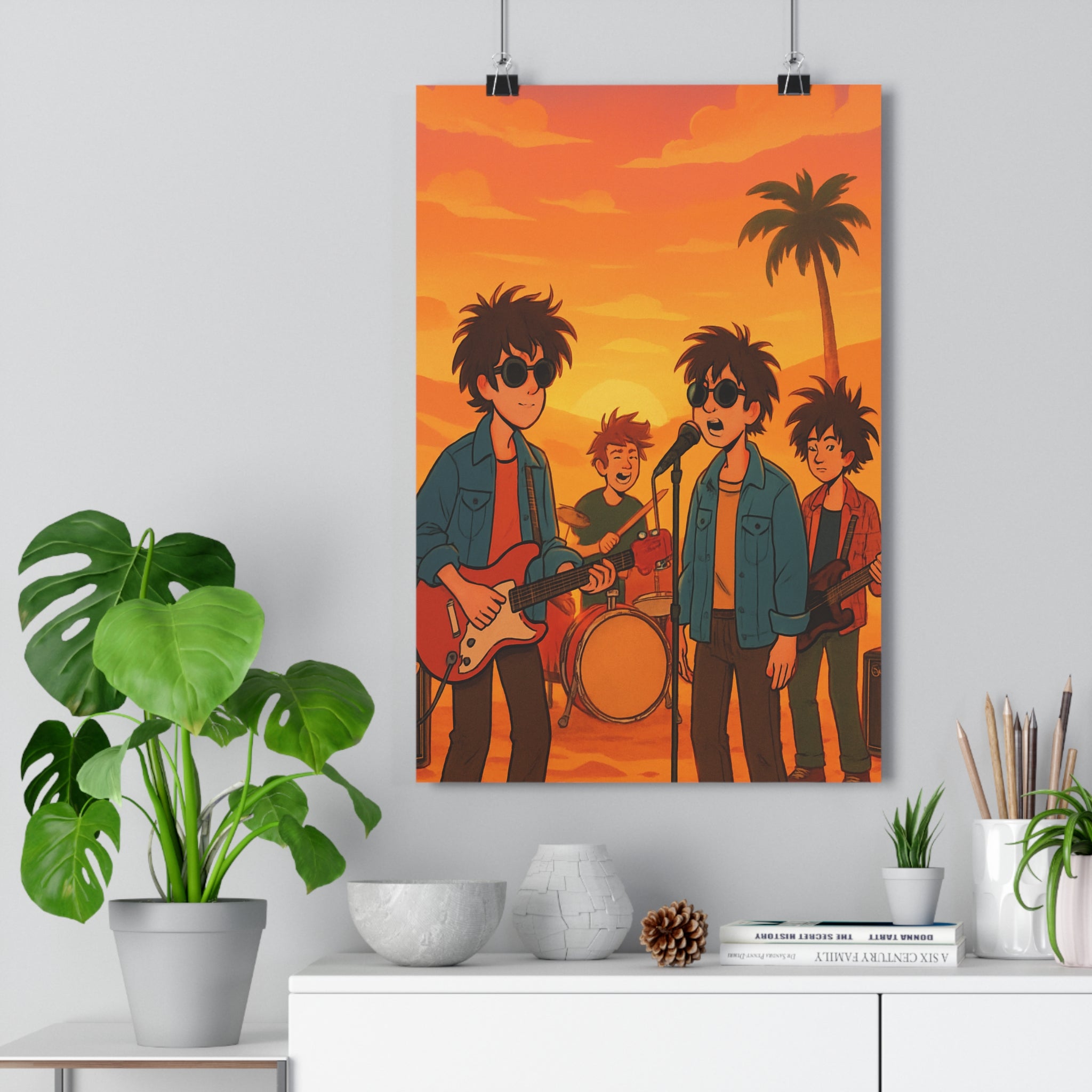 Poster décoratif cartoon vibrant orange jaune musique chambre coucher soleil dynamique format 30x46 cm