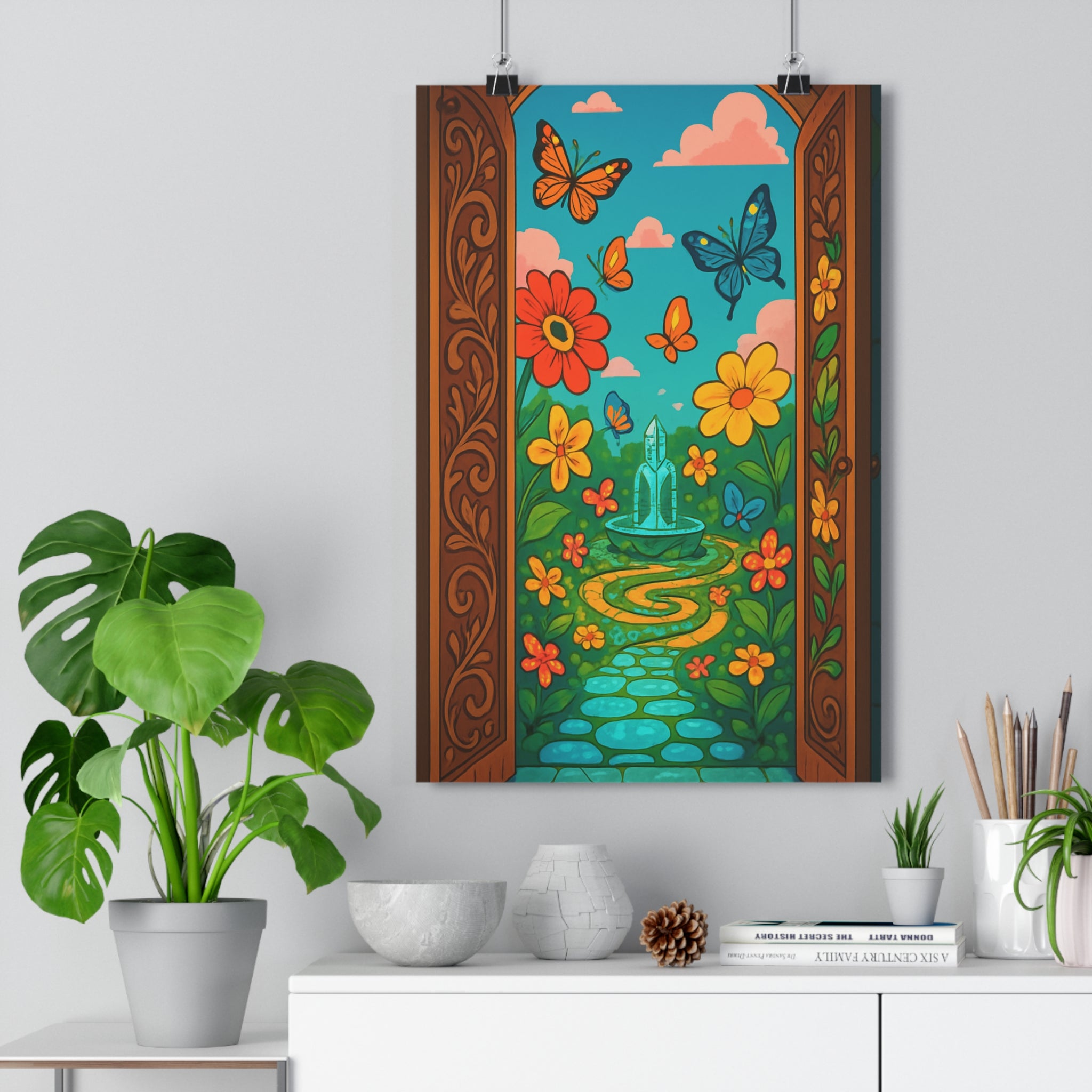 Poster décoratif jardin enchanté turquoise orange féerique cartoon joyeux chambre enfant papillons fleurs surréaliste