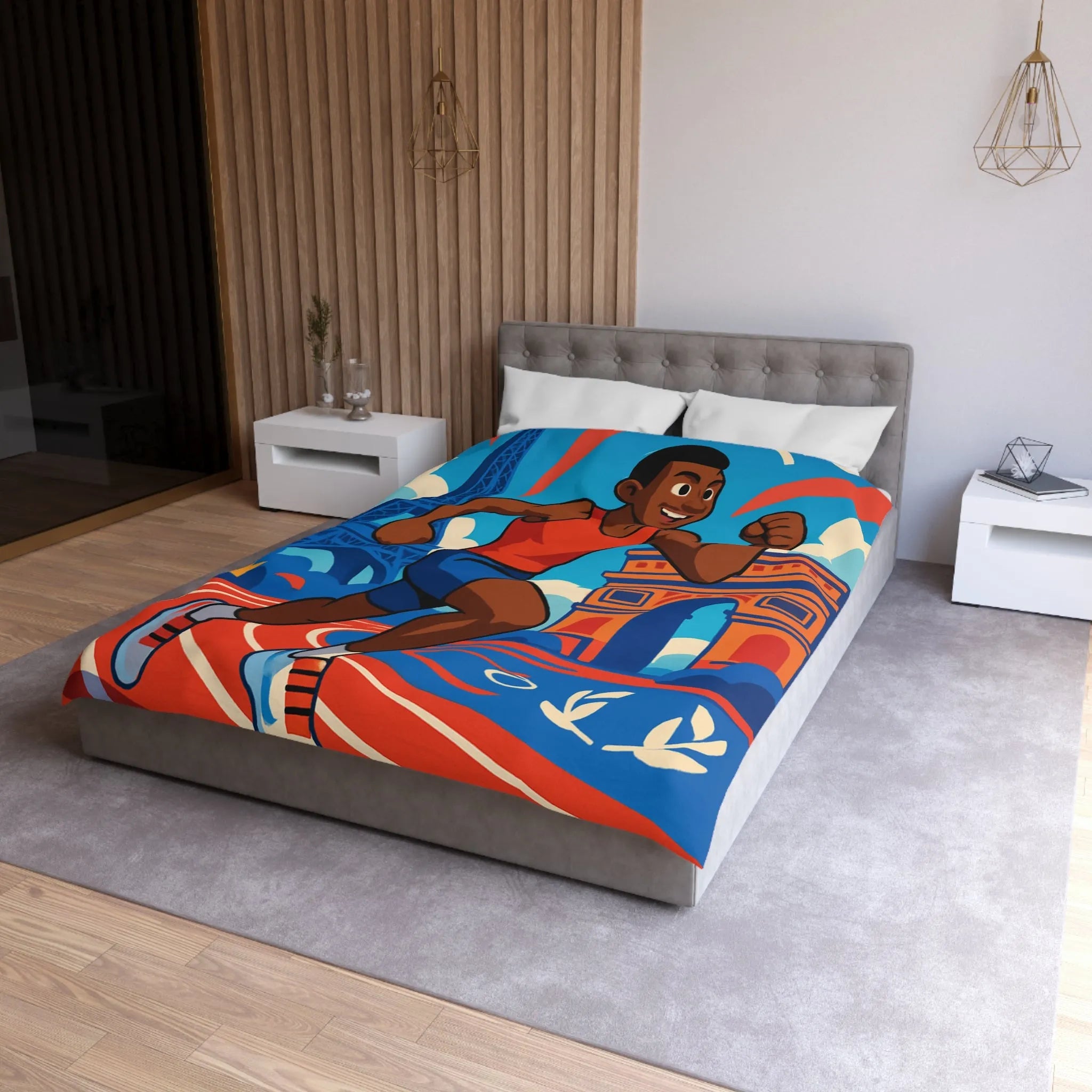 Couverture de lit sportive avec athlète vibrant et monuments emblématiques pour chambre dynamique