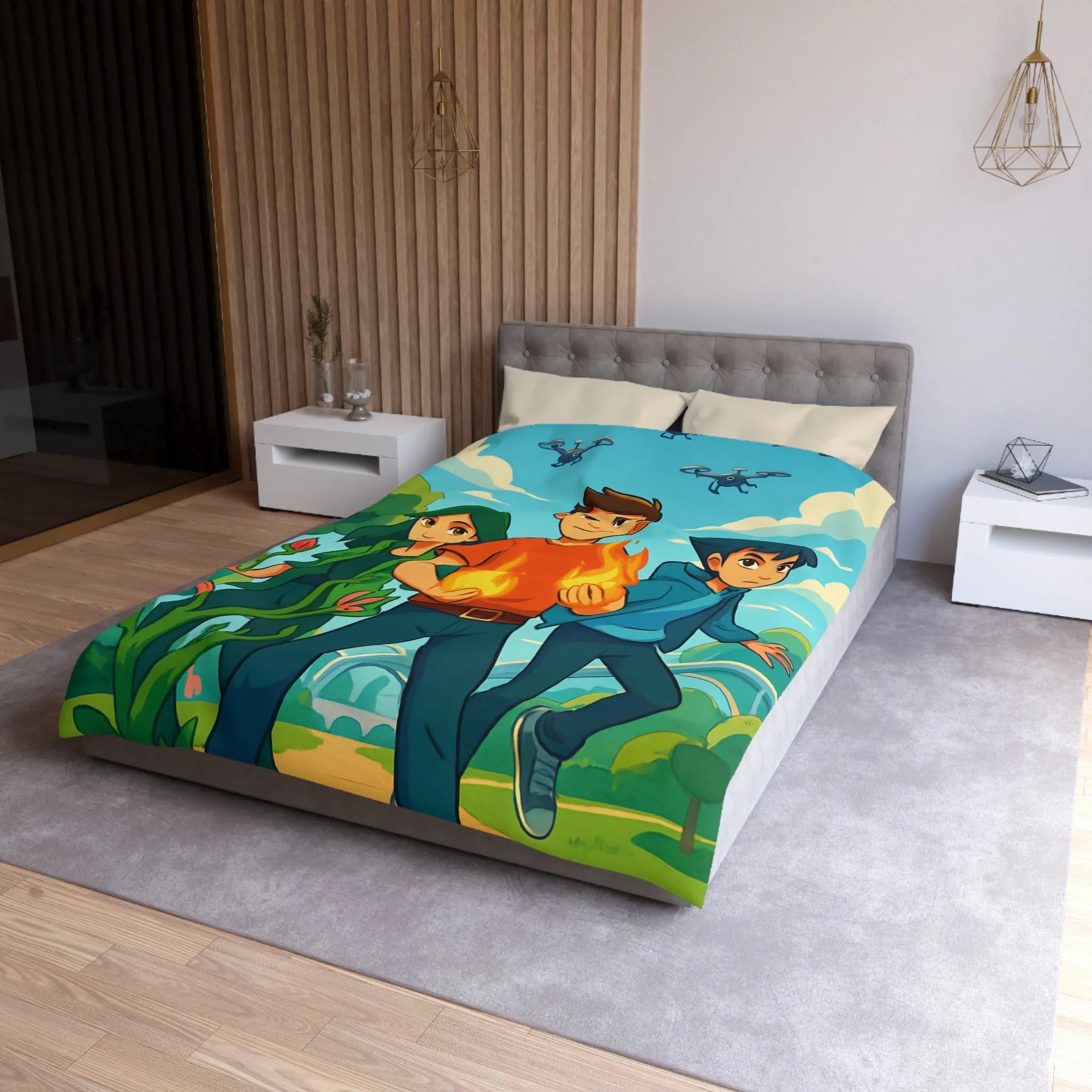 Housse de couette aventure jeune héros, nature et futur avec drones volants