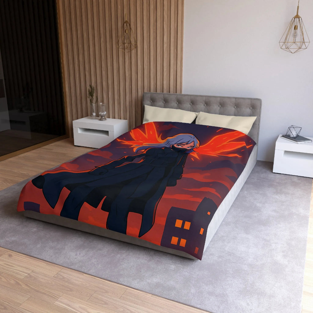 Housse de Couette Gothique avec Figure Angélique Ailée et Ville Enflammée Stylisée
