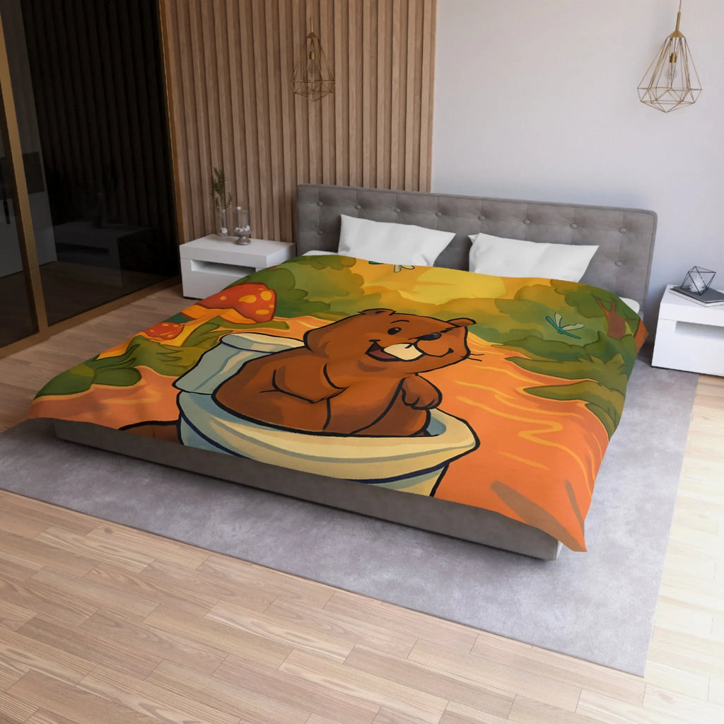 Housse de Couette Enfant Animée avec Castor Amusant et Paysage de Forêt Enchantée