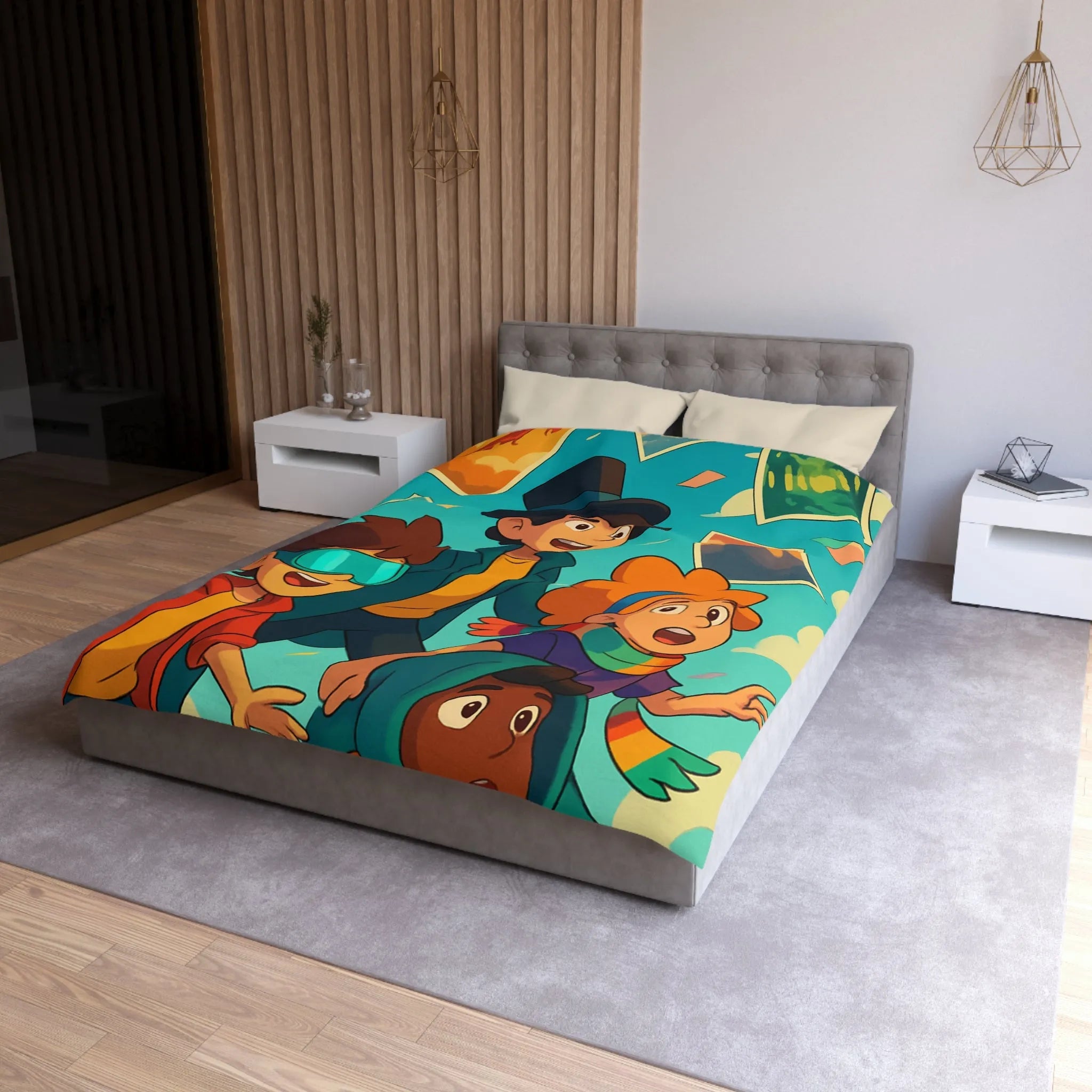 Housse de couette colorée avec enfants explorateurs et illustrations de paysages flottants