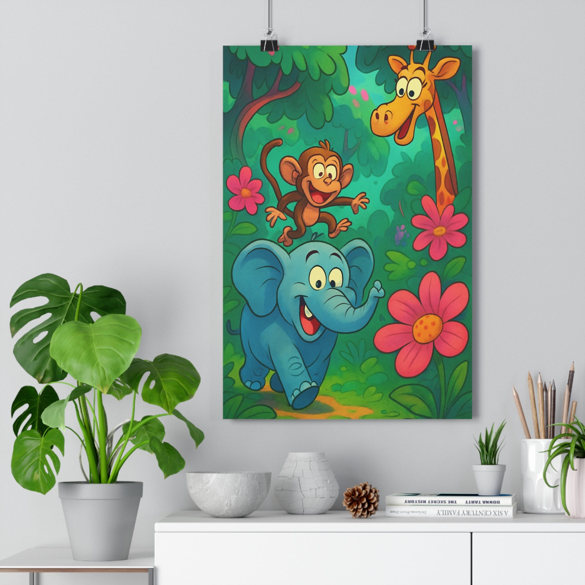 Poster décoratif jungle éléphant bleu cartoon joyeux chambre enfant coloré amusant végétation aventure enchantée