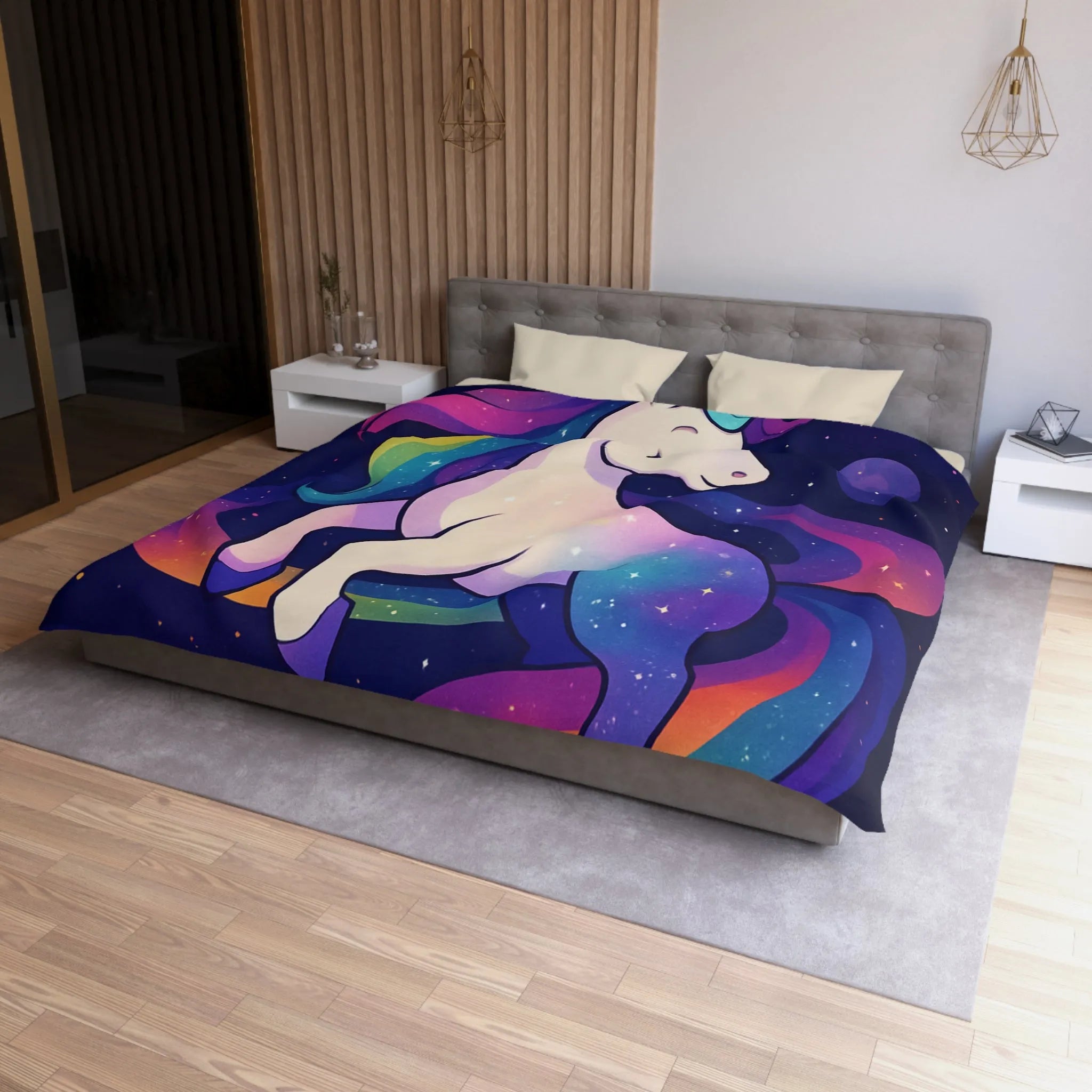 Housse de couette féerique avec licorne et planètes dans un ciel étoilé vibrant