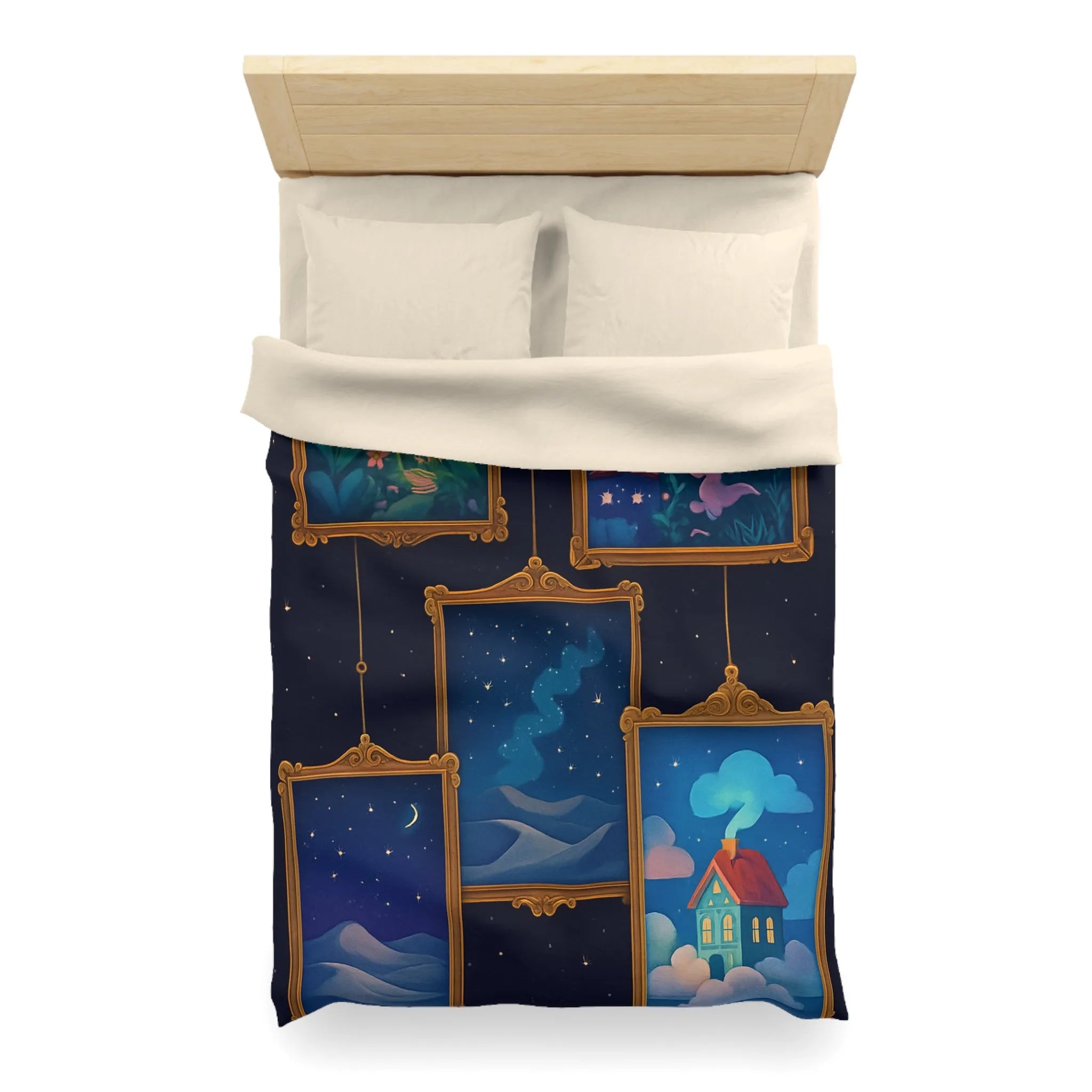 Housse de Couette Artistique avec Paysages de Nuit Étoilée et Fleuri Onirique