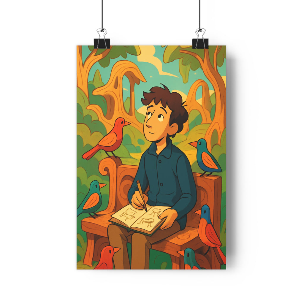 Poster décoratif enchanté vert orange nature rêveur magique jeune homme oiseaux bois arbre qualité