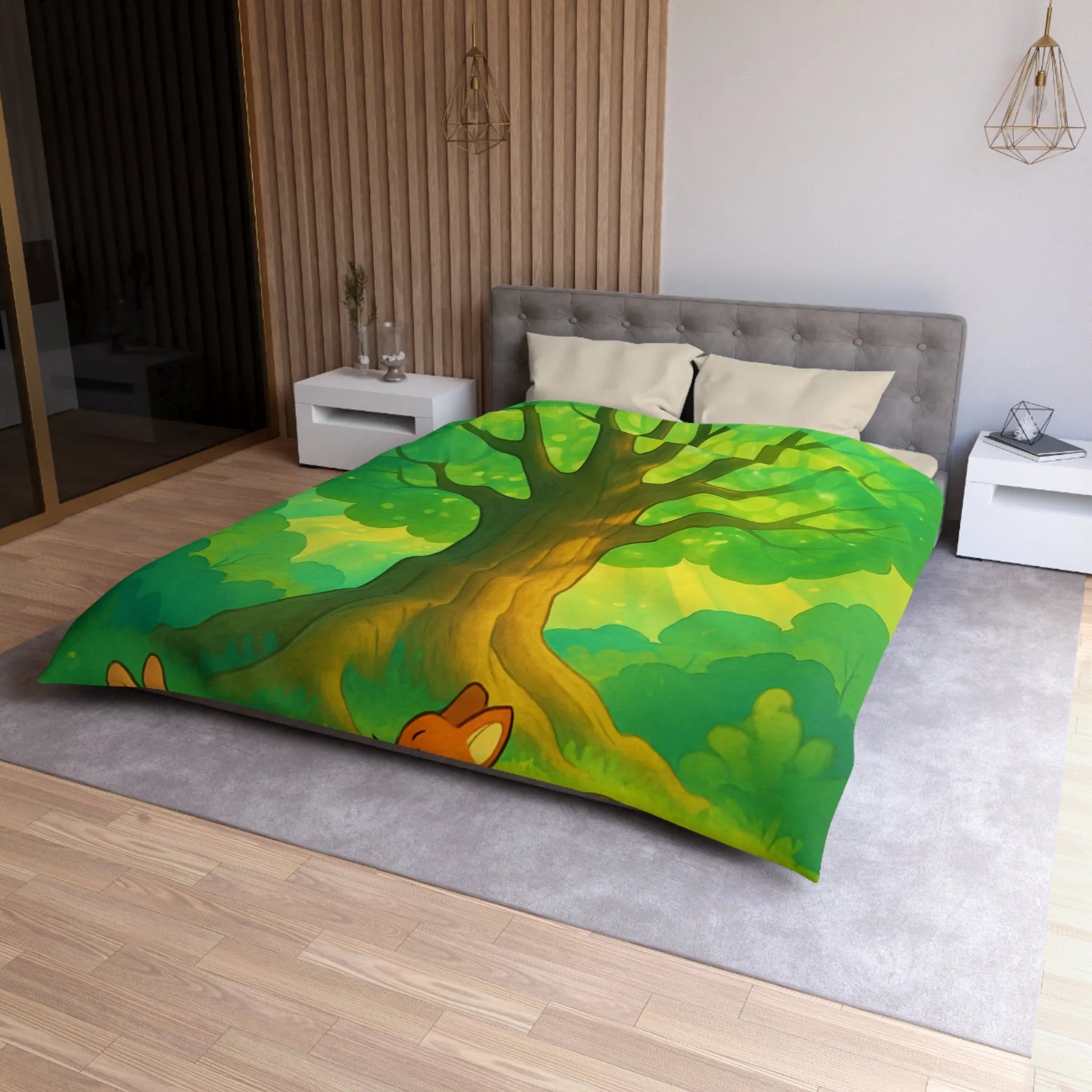 Charmante forêt enchantée avec animaux espiègles sous un majestueux arbre scintillant illustré