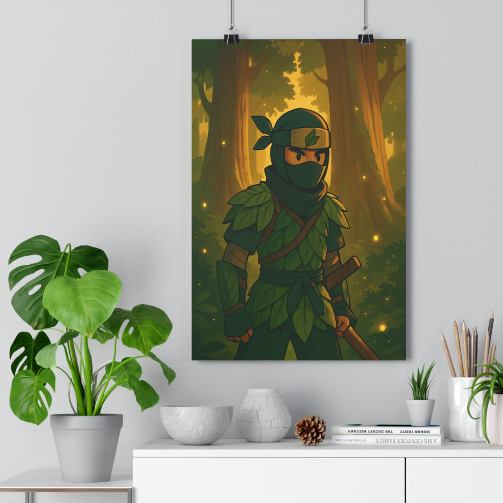 Poster décoratif ninja anime vert brun mystique forêt enchantée chambre aventure nature 30x46 cm