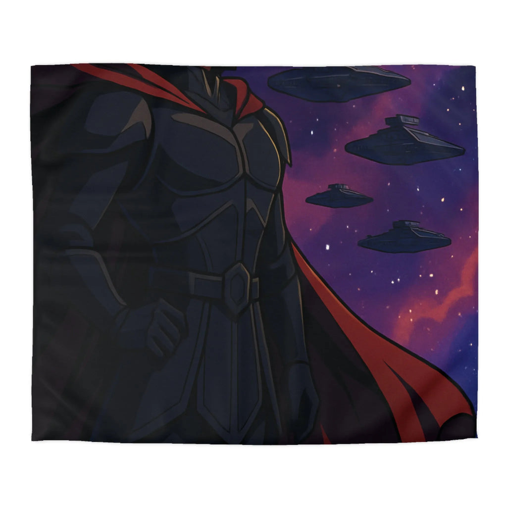 Housse de couette épique guerre galactique avec personnage en cape et vaisseaux spatiaux