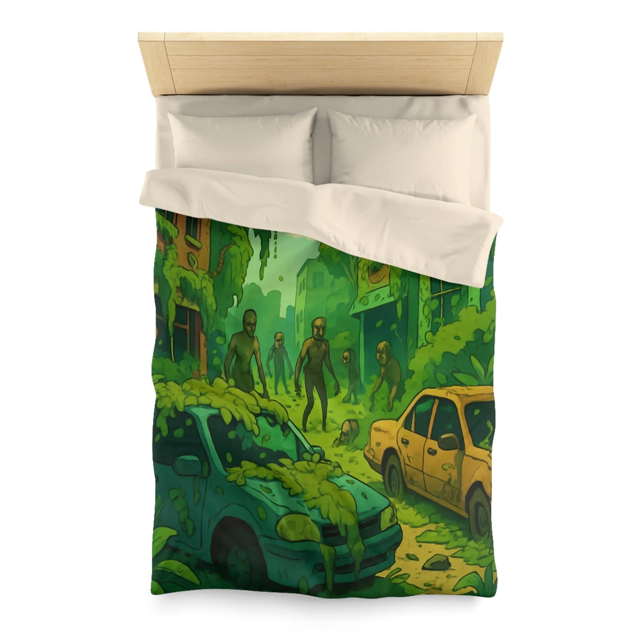 Housse de couette avec zombies et nature envahissante dans ville post-apocalyptique verte