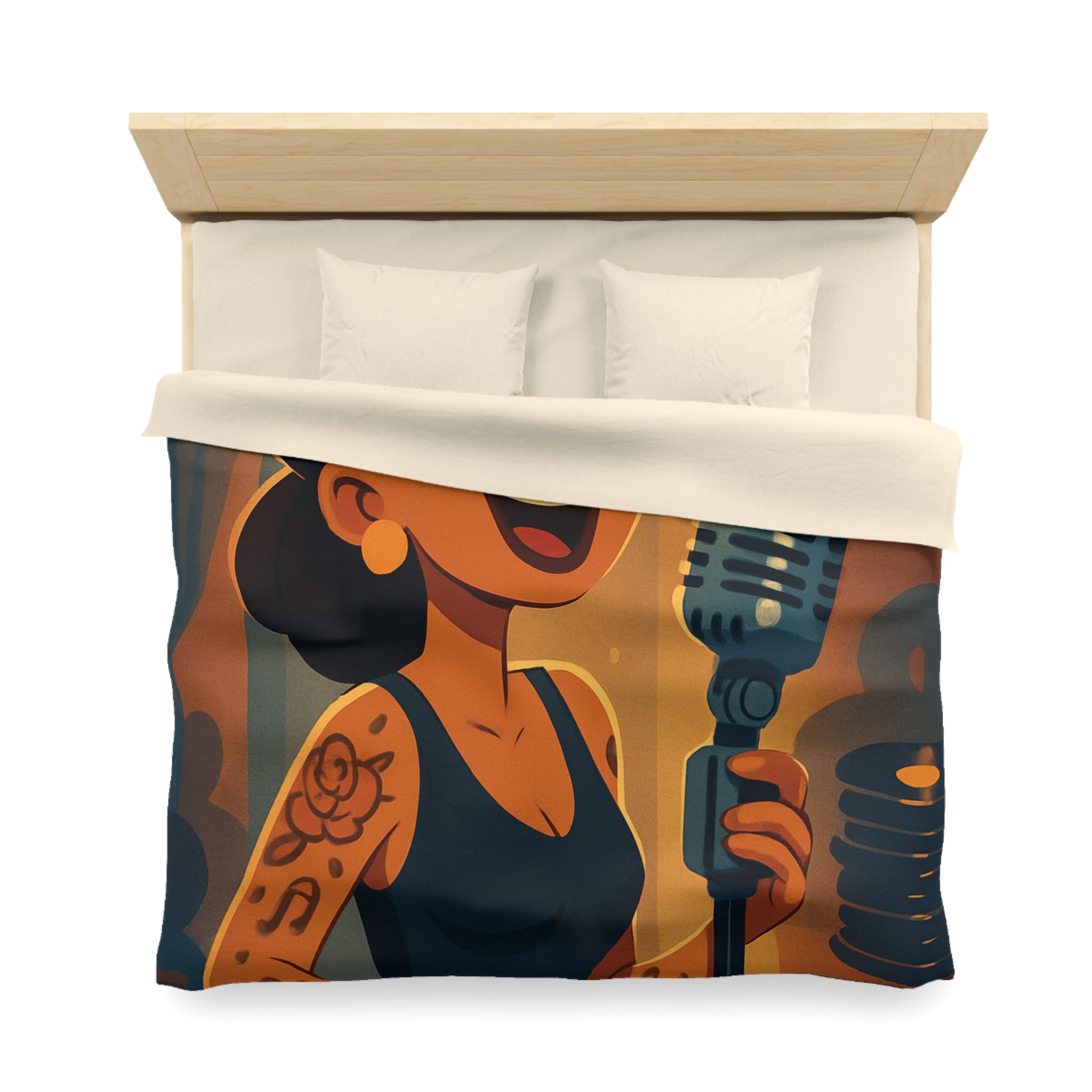 Housse de couette rétro avec chanteuse tatouée sous lumière vintage et micro classique