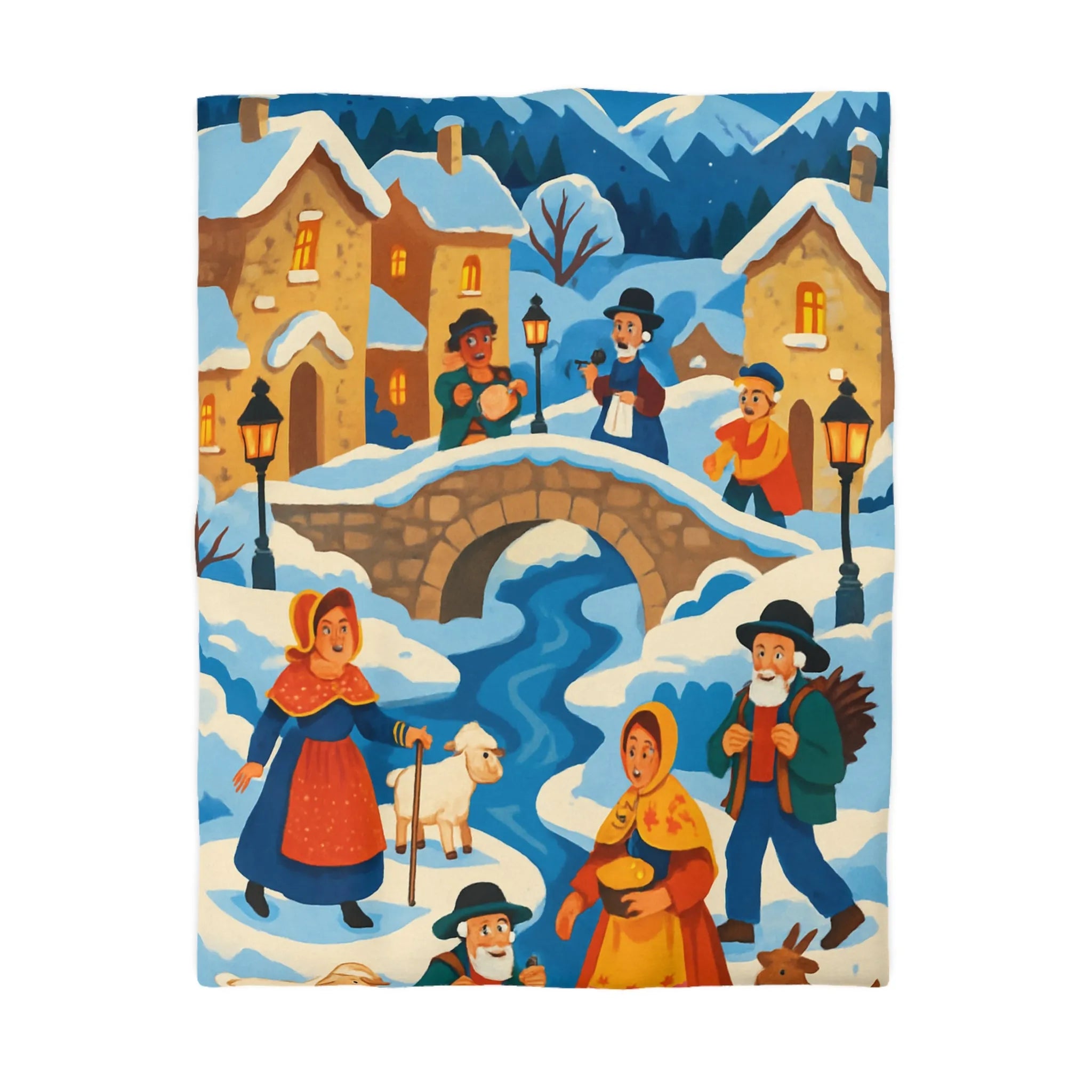 Housse de Couette Hiver Éclatant avec Village, Montagne et Scène Pastorale