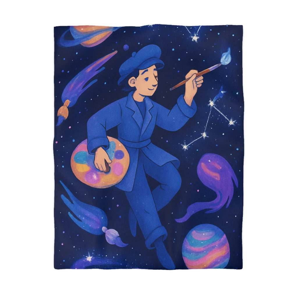 Housse de couette cosmique artiste peignant étoiles galaxies planètes bleues et violettes