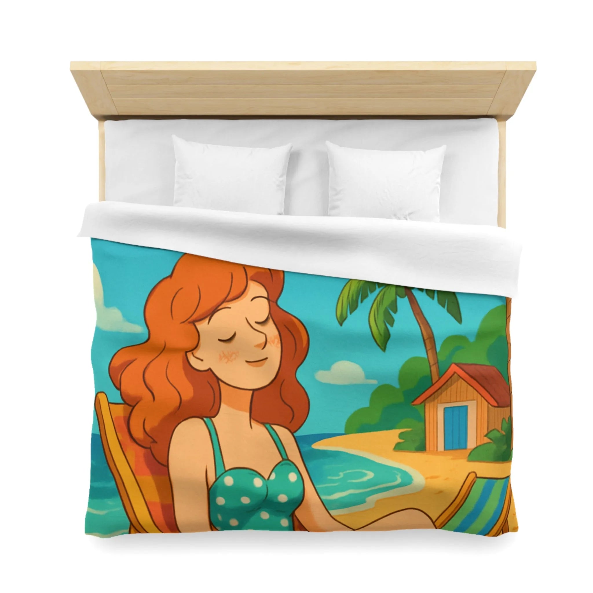 Housse de couette illustrée plage relaxante avec fille et cerf-volant coloré