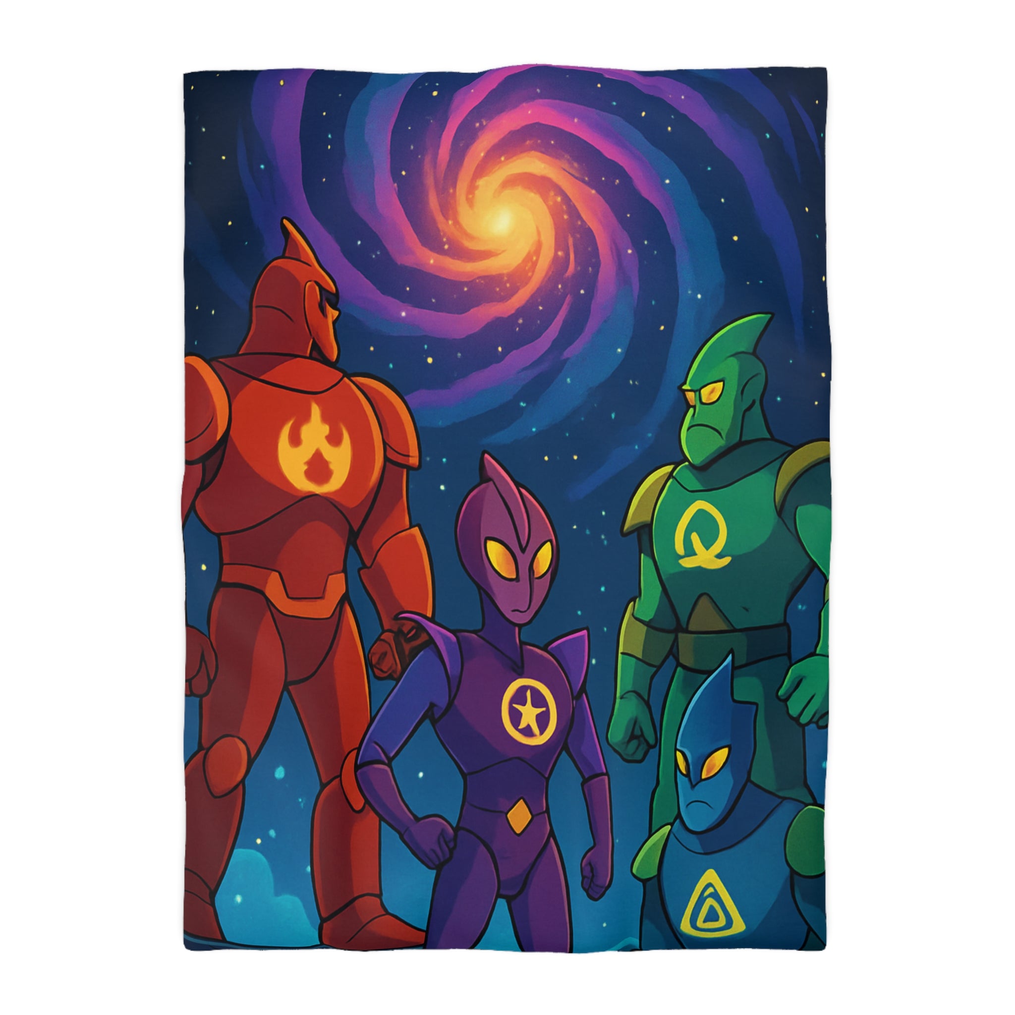 Quatre super-héros colorés avec une galaxie lumineuse, scène de science-fiction