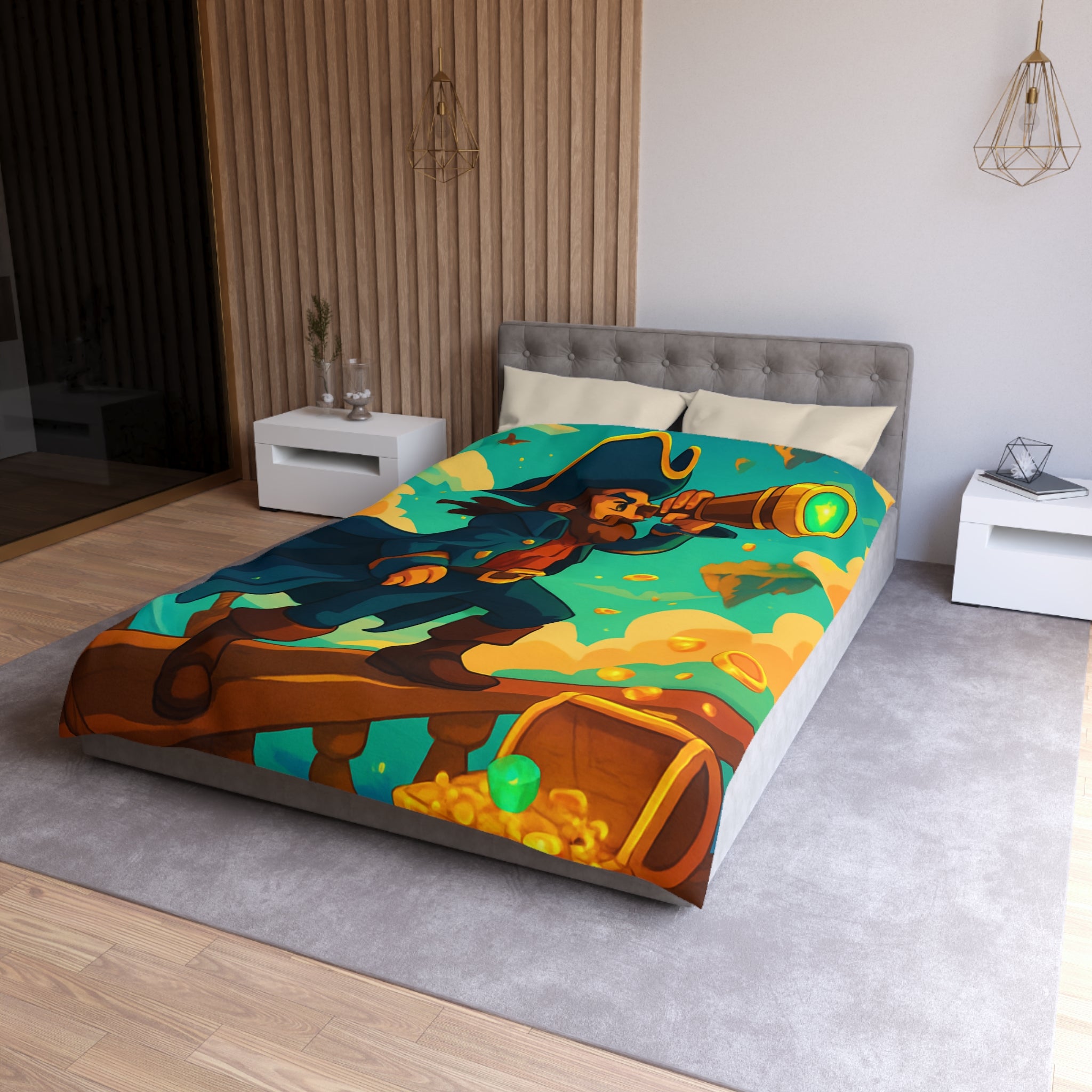 Housse de couette pirate vibrant bleu avec trésor doré et nuages flottants