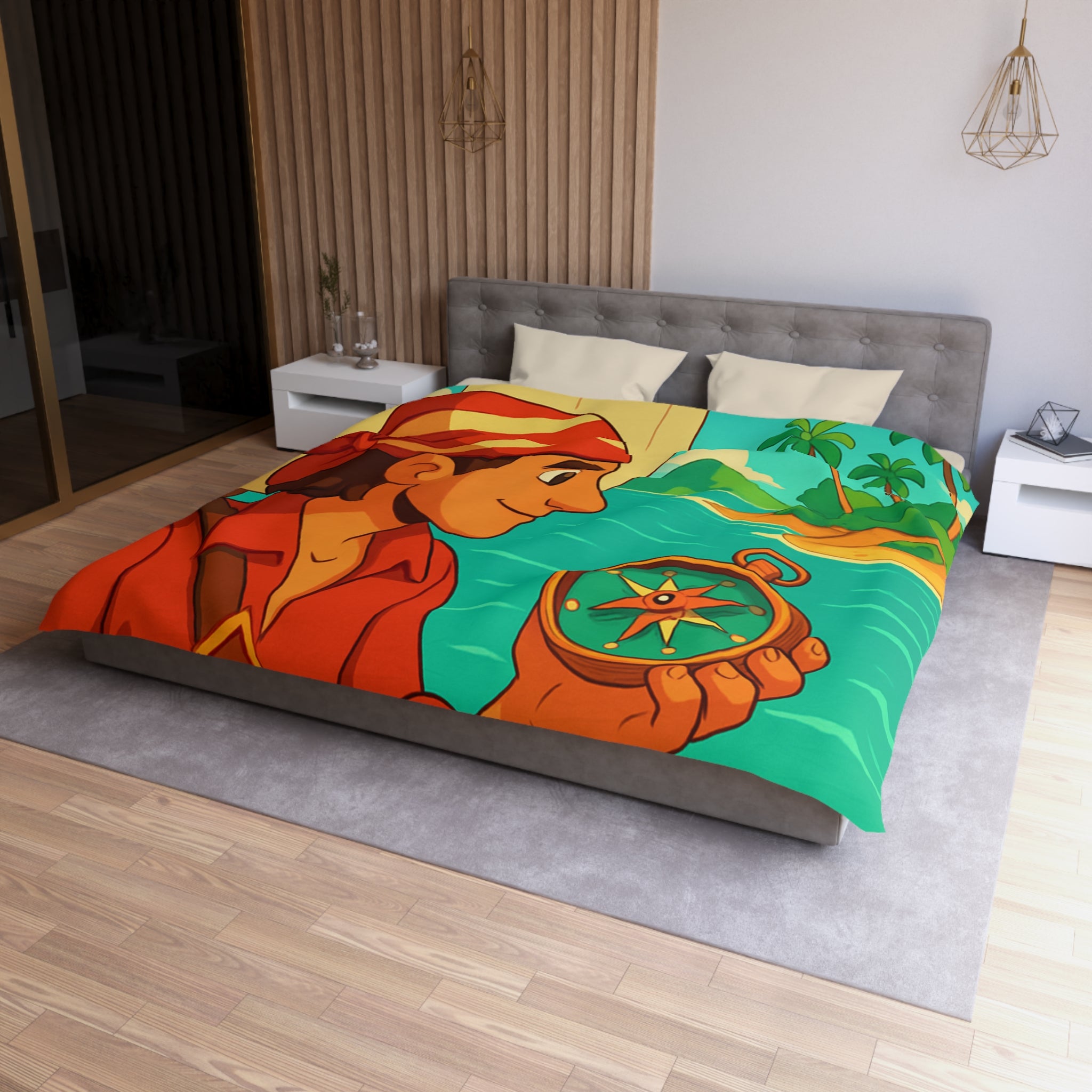 Housse de Couette Pirate Aventure avec Boussole et Trésor Île Ensoleillée