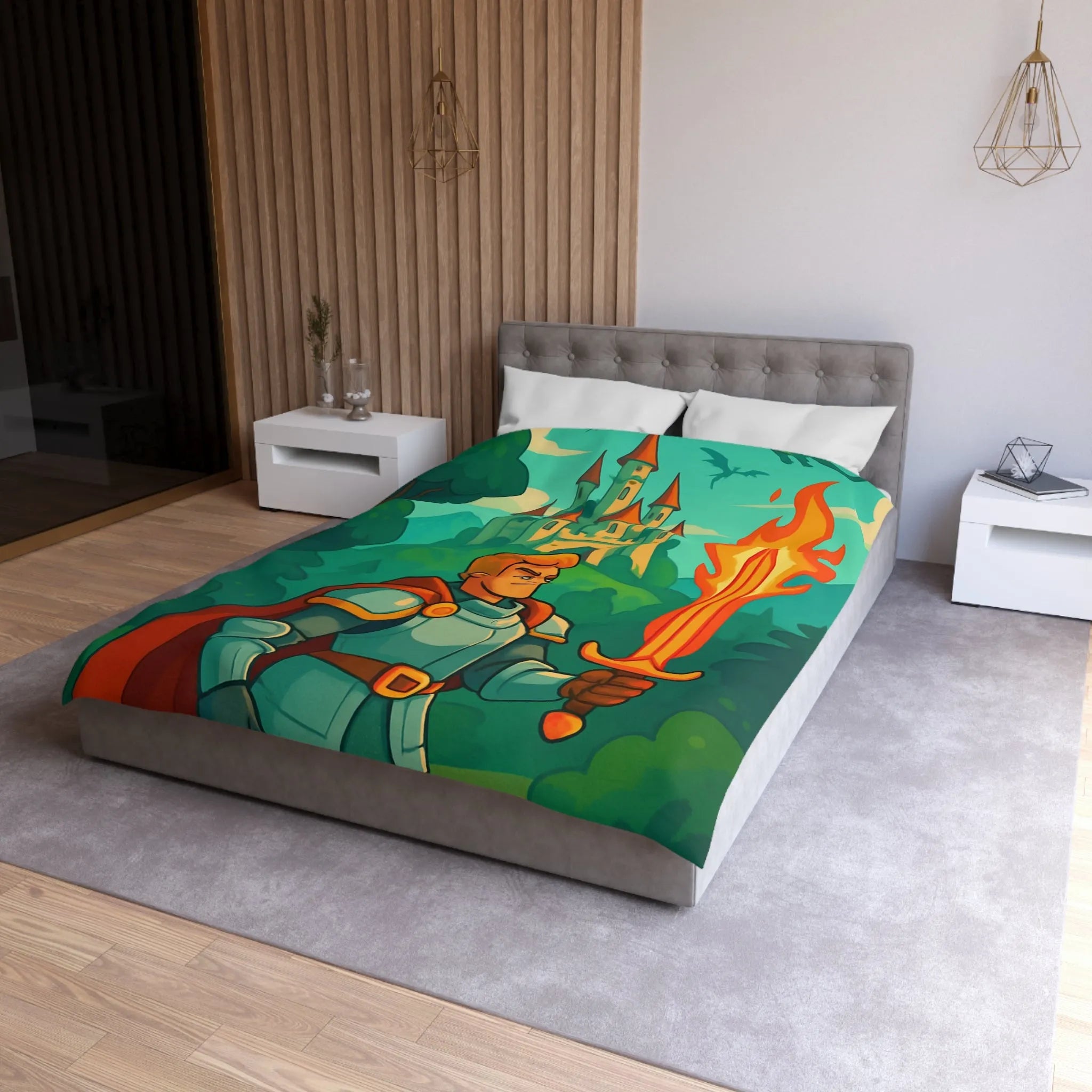 Housse de couette chevalier et dragon, ambiance médiévale fantastique aux couleurs vibrantes