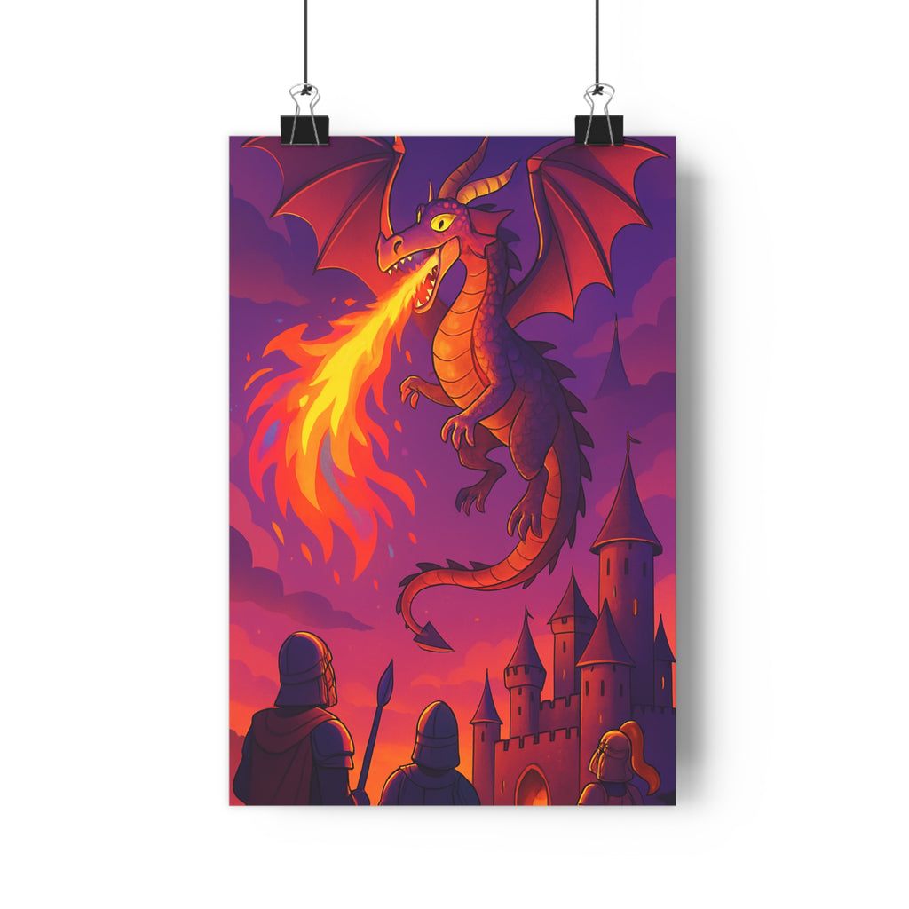 Poster décoratif cartoon dragon violet orange fantastique médiéval aventure chambre salon enfant mural vibrant